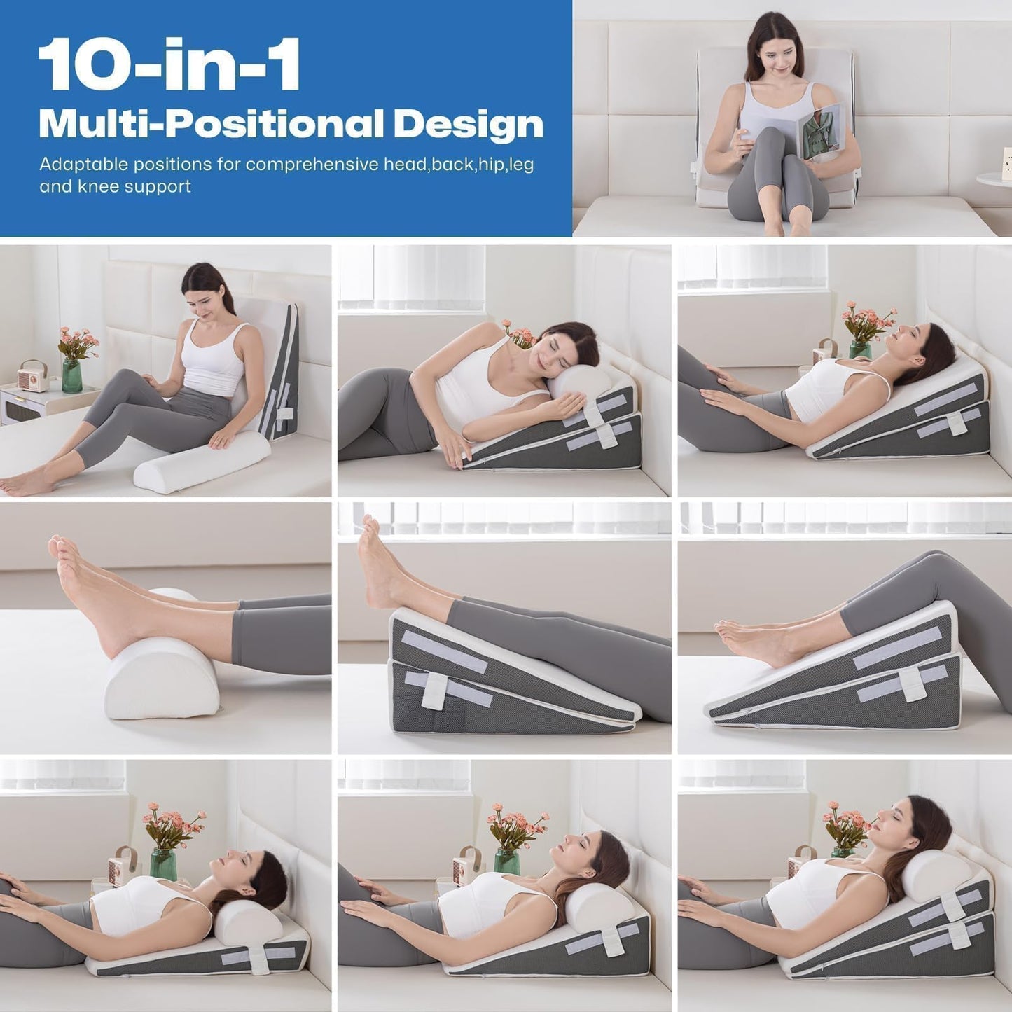 GOHOME Cooling Wedge Pillow Set for After Surgery, 3-Piece Adjustable Memory Foam Bed Wedge Pillow for Sleeping - Acid Reflux, Snoring, Neck Pain and Back Pain, White and Grey