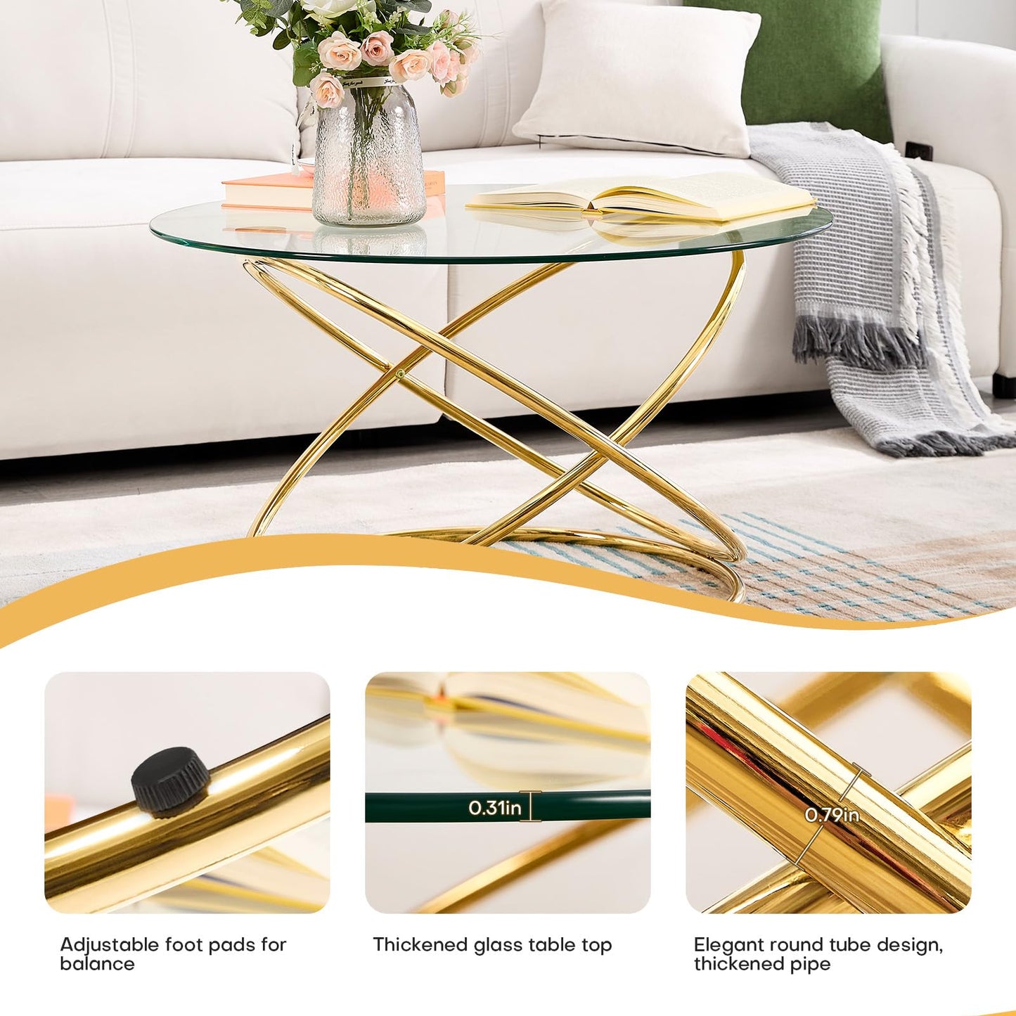 BECHAEO 31.5'' Round Glass Coffee Table with Gold-Plating Bright Metal Oval Frame, Modern Circle Gold Coffee Table for Living Room