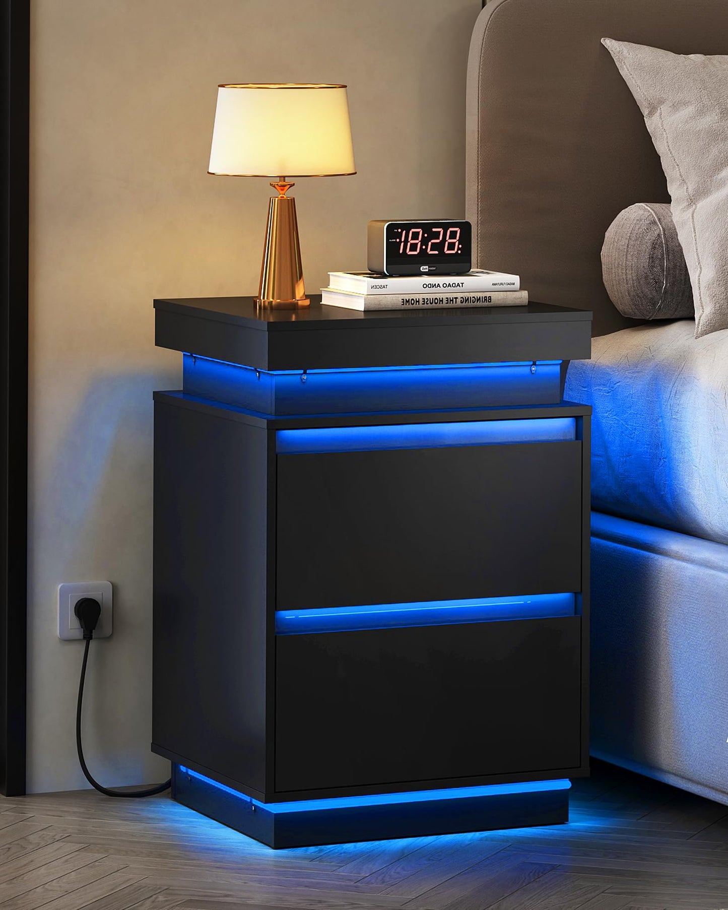 WLIVE Black Nightstand with Charging Station and LED Lights, Bedside Table with 2 Wooden Drawers and Sliding Top, Modern End Table Side Table for Bedroom, Living Room, Office