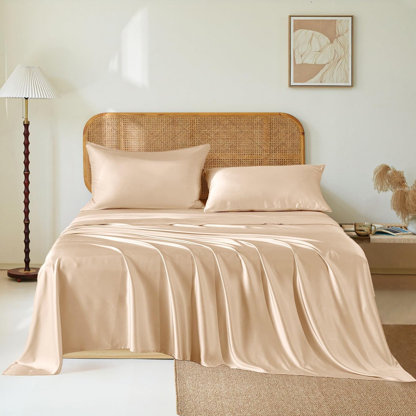 THXSILK Luxury Mulberry Silk Bed Sheets Set - 4pcs Silk Sheets Set 16" Deep Pocket - 1 Fitted Sheet, 1 Flat Sheet, 2 Pillowcases with Zipper Closure - King, Champagne