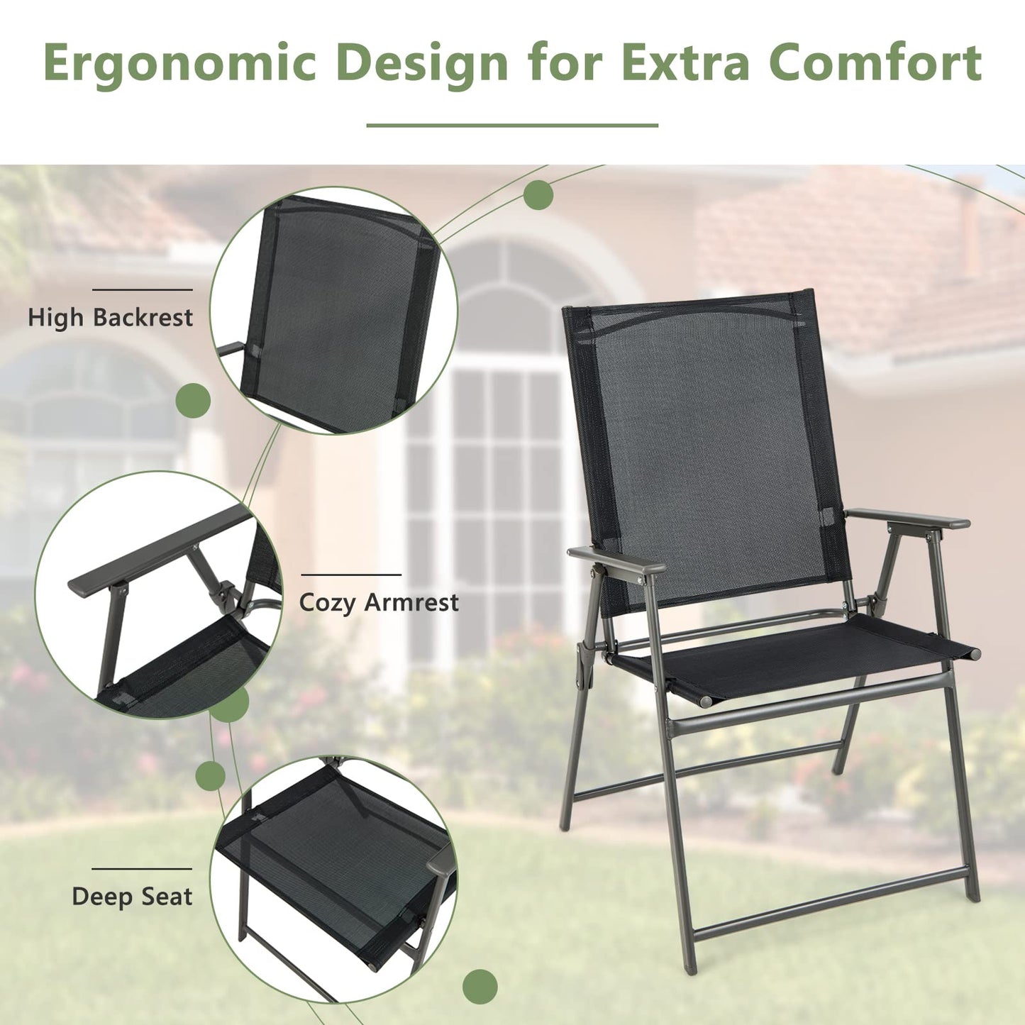 Giantex Patio Folding Chairs Set of 4, Outdoor Lawn Chairs with Rustproof Metal Frame, Portable Dining Chairs for Porch, Deck, Garden, Backyard, Camping