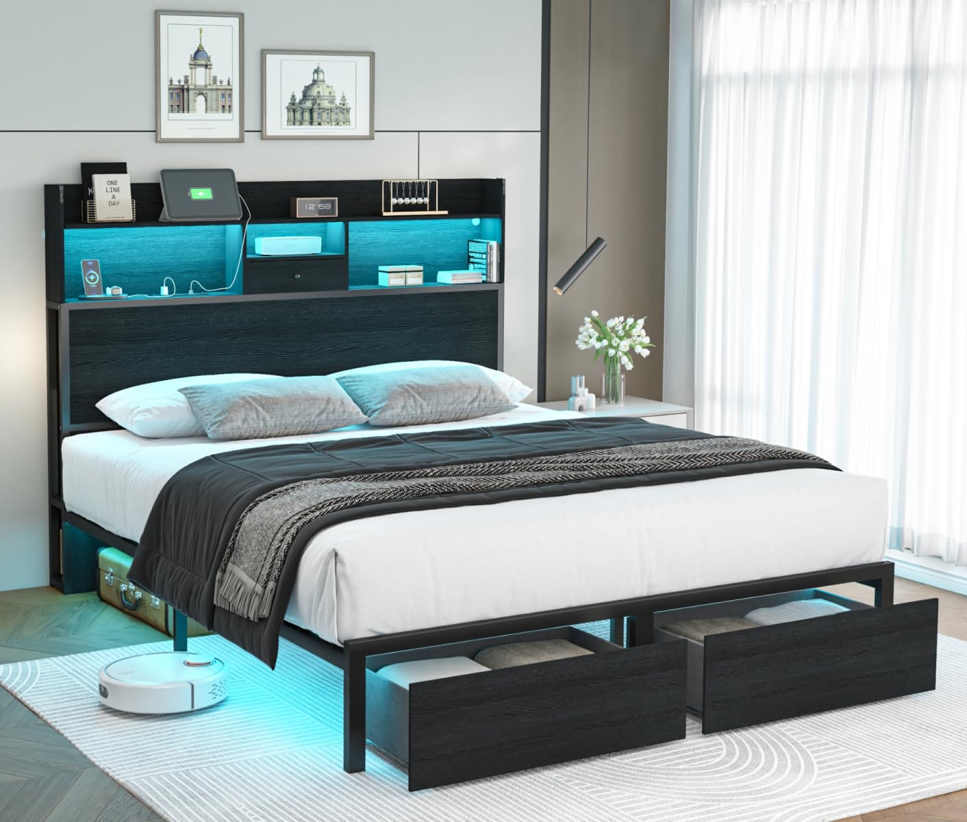 Siihnon Queen Bed Frame with Tall Headboard and LED Lights, 51.2" Bookcase Black Bed Frame Queen Size with Storage Drawers and Charging Station, Platform Metal Bed Frames, No Box Spring Needed, Black