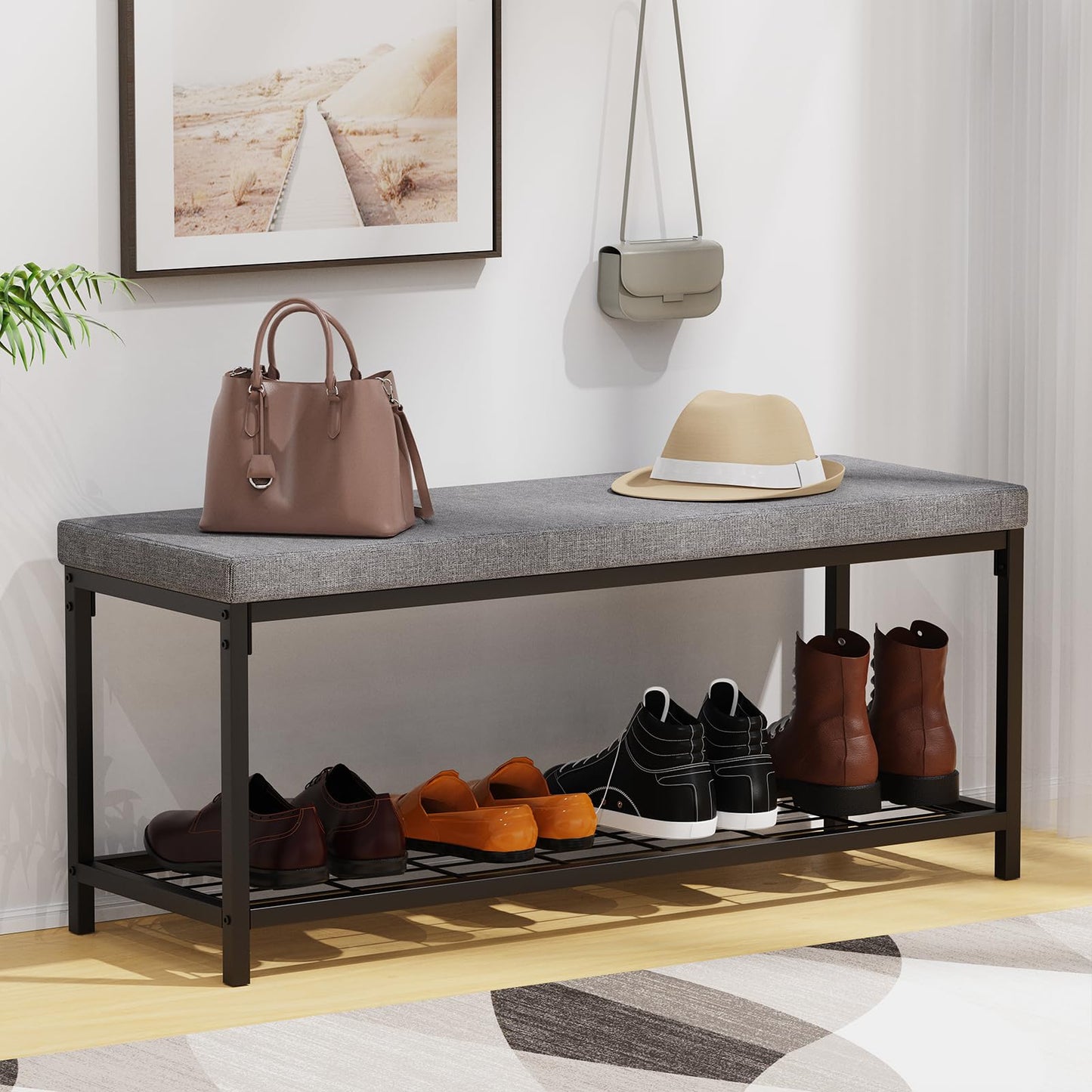 Masigle Shoe Bench, Entryway Bench with Cushion Seat, Shoe Rack Bench with Storage, Modern Style, Holds Up to 350 lb, for Living Room, Bedroom, Hallway, Grey