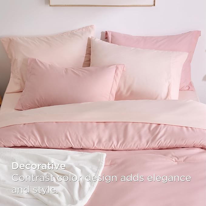 Bedsure Full Comforter Set Pink, 8 Pieces Prewashed Full Size Bed in a Bag with Soft Fleece Bed Blanket, Down Alternative Bedding Set for All Seasons, Sheets, Pillowcases & Shams