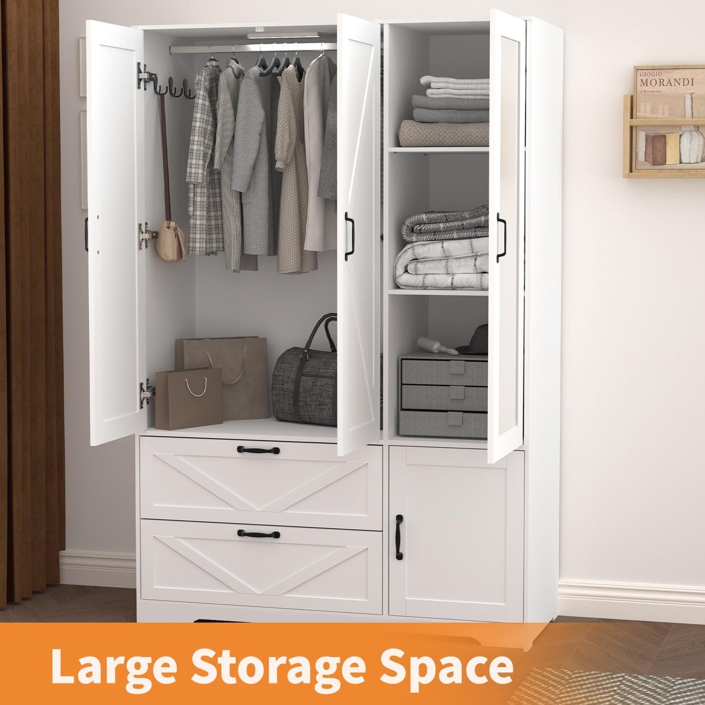 CORAZAZA Armoire Wardrobe Closet with Mirror Door,3 Doors Farmhouse Bedroom Armoire with Drawers and Adjustable Shelves,Wooden Armoire Wardrobe Closet with Hanging Rod for Bedroom(White)