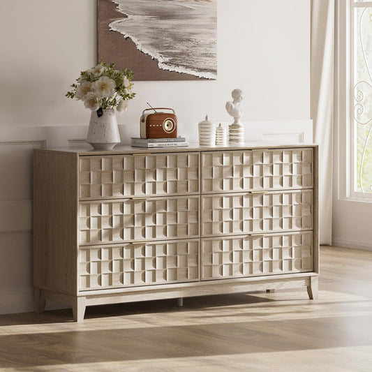 COLAMY Fluted Storage Cabinet with 6 Drawers, Buffet Sideboard Cabinet, Modern Wood Side Board, Living Room Cabinet with Metal Handles for Dining Room, Bedroom, Entryway, Hallway, Oak