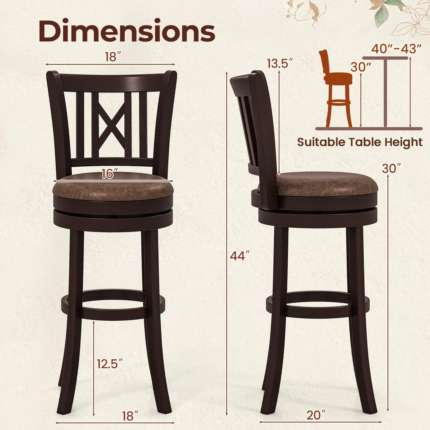 COSTWAY Bar Stools Set of 2, 30” Swivel Bar Chairs with Footrest, Rubber Wood Frame & Hollowed Backrest, Leathaire Bar Height Stools, Padded Counter Stools for Kitchen Island & Pub (2, 30'')