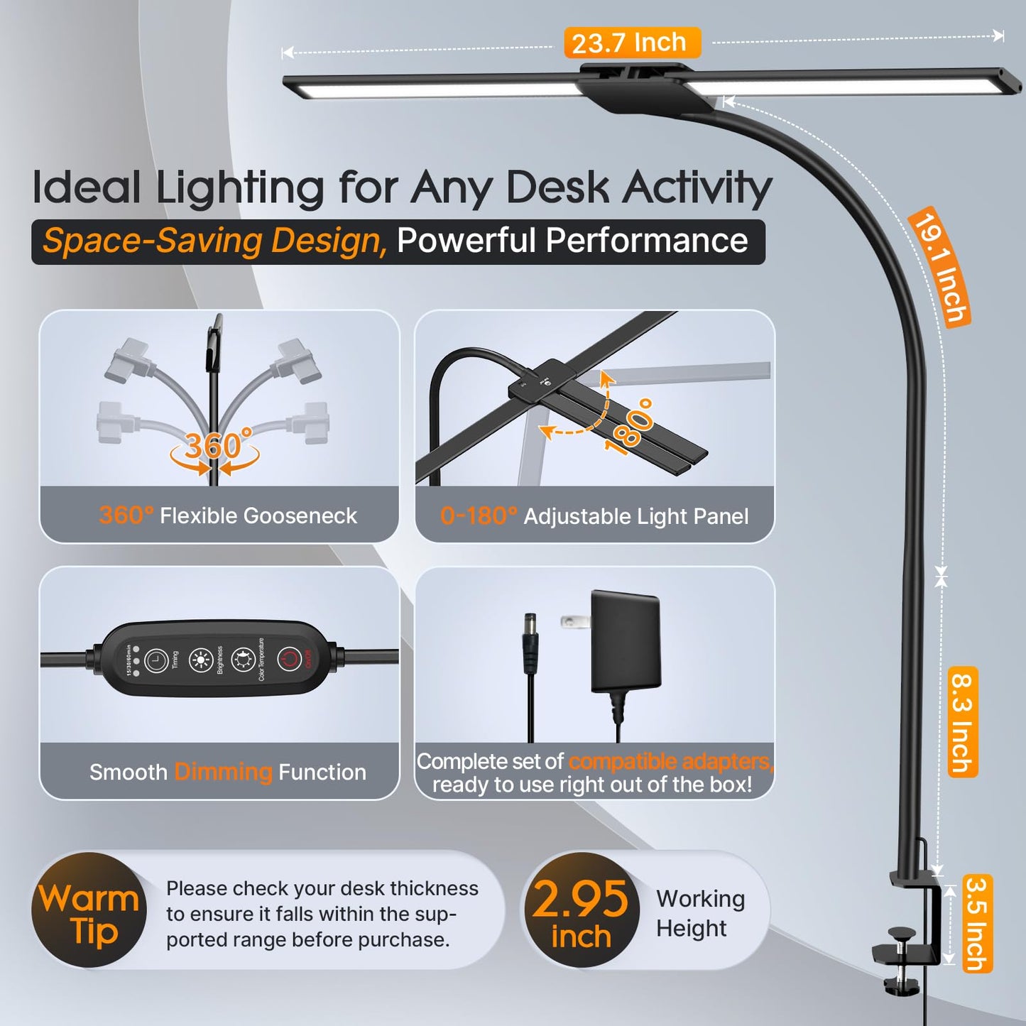 Syrinx LED Desk Lamp for Home Office – Eye-Caring Dual Head Desk Light with Flexible Gooseneck, Clamp, Gesture/Wired Control, 50 Lighting Modes with Memory/Timer for Study, Crafting