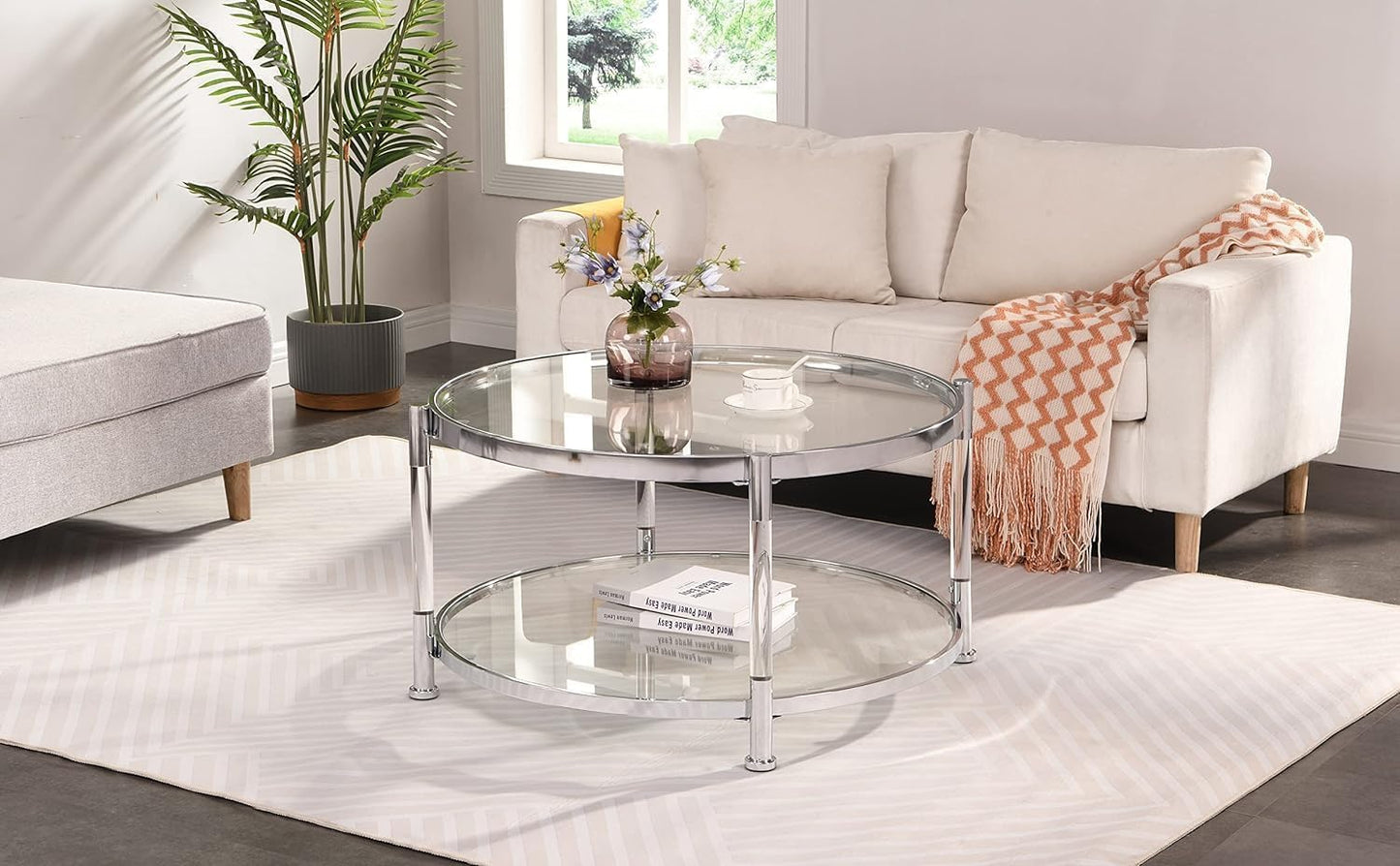 KUVADAZ Round Coffee Table with Silver Chrome Metal Base, 2-Tier Clear Glass Coffee Table Modern Living Room Center Tables, Circle Acrylic Cocktail Tables for Home Office