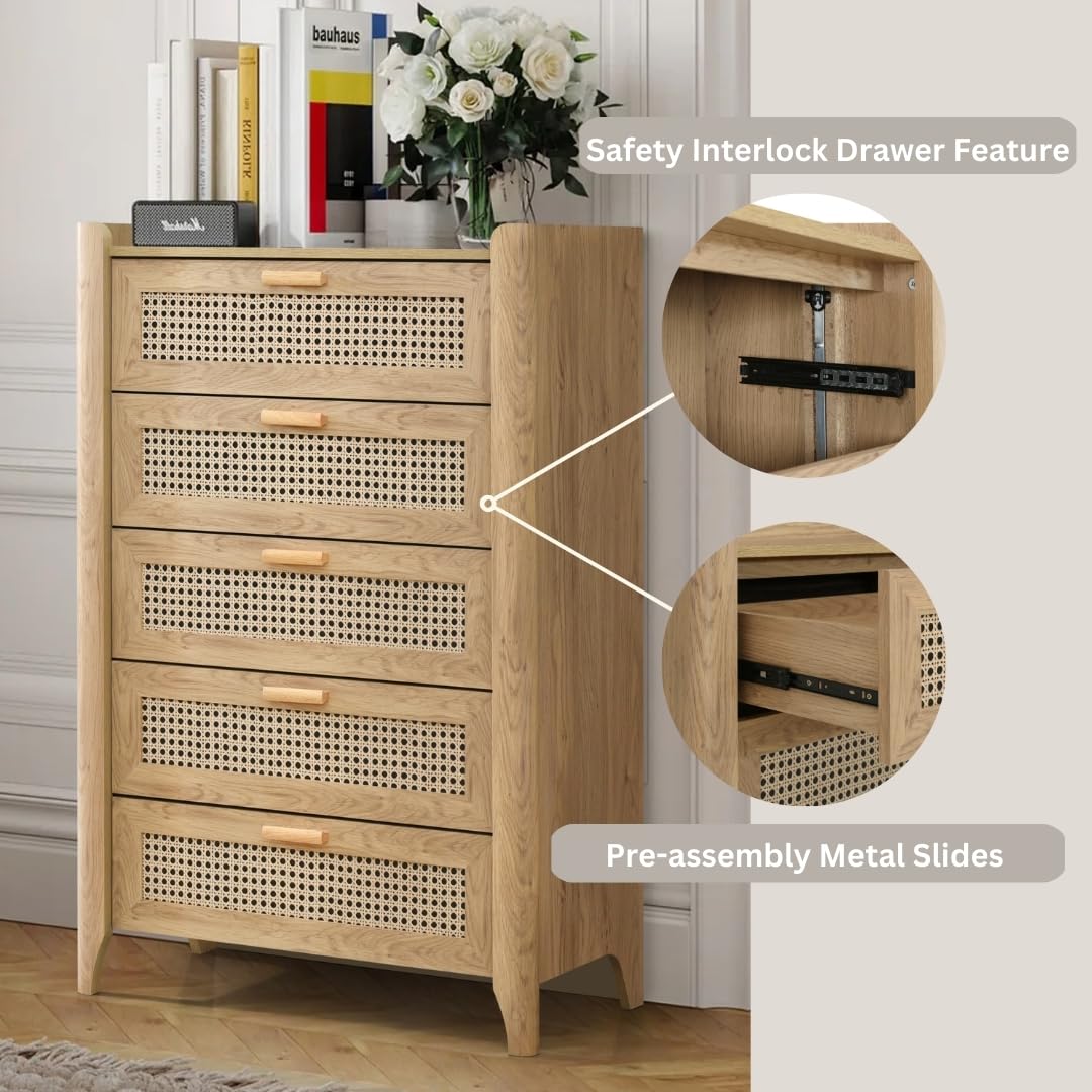 ELISA HOME Fake Rattan 5 Drawers Dresser for Bedroom, 47.2" Tall Modern Chest of Drawers, Wood Drawer Organizer for Clothes, Entryway, Hallway, Nursery or Living Room, Oak