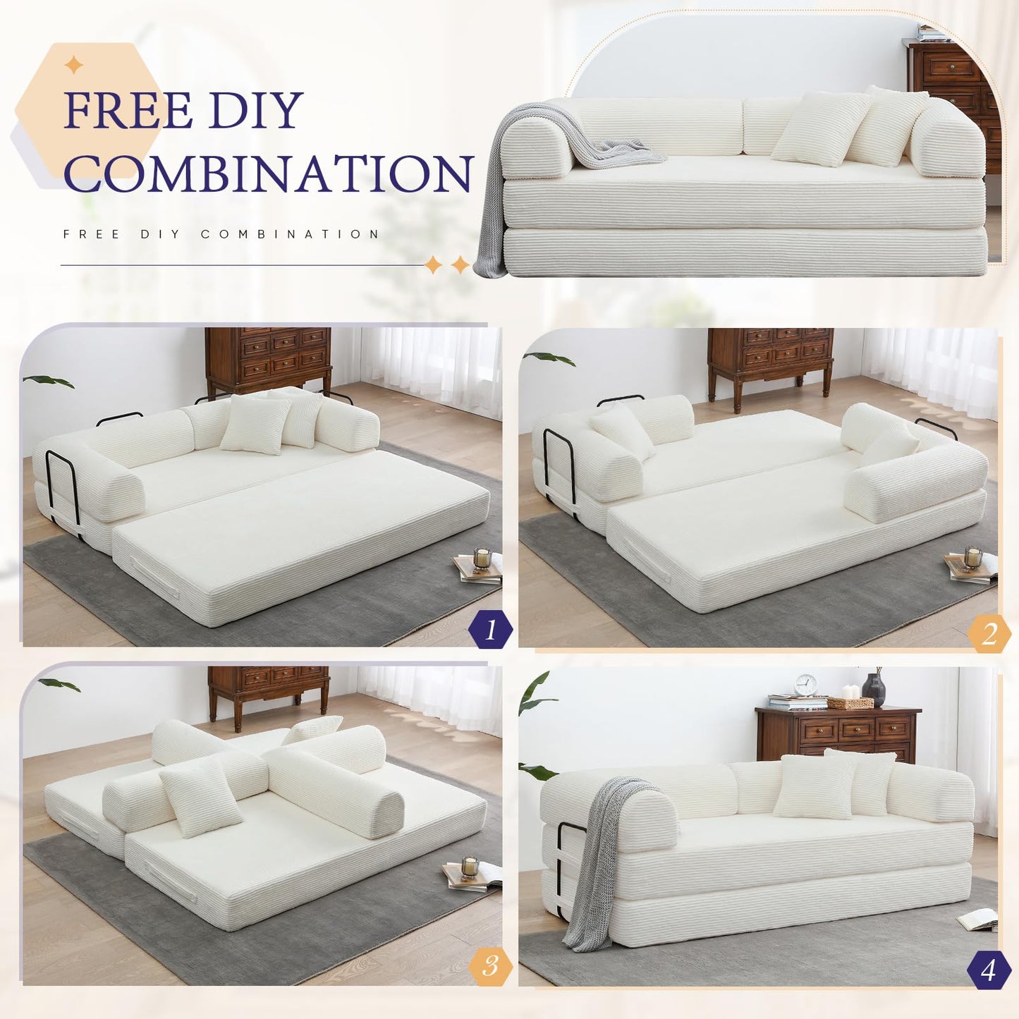 JEEOHEY Convertible Folding Sofa Bed, Corduroy Sleeper Mattress Couch with Fixed-Shape Frame, Free Combination Loveseat Lounge Floor Sofa, Queen Size Memory Foam Couch for Living Room, Bedroom, White