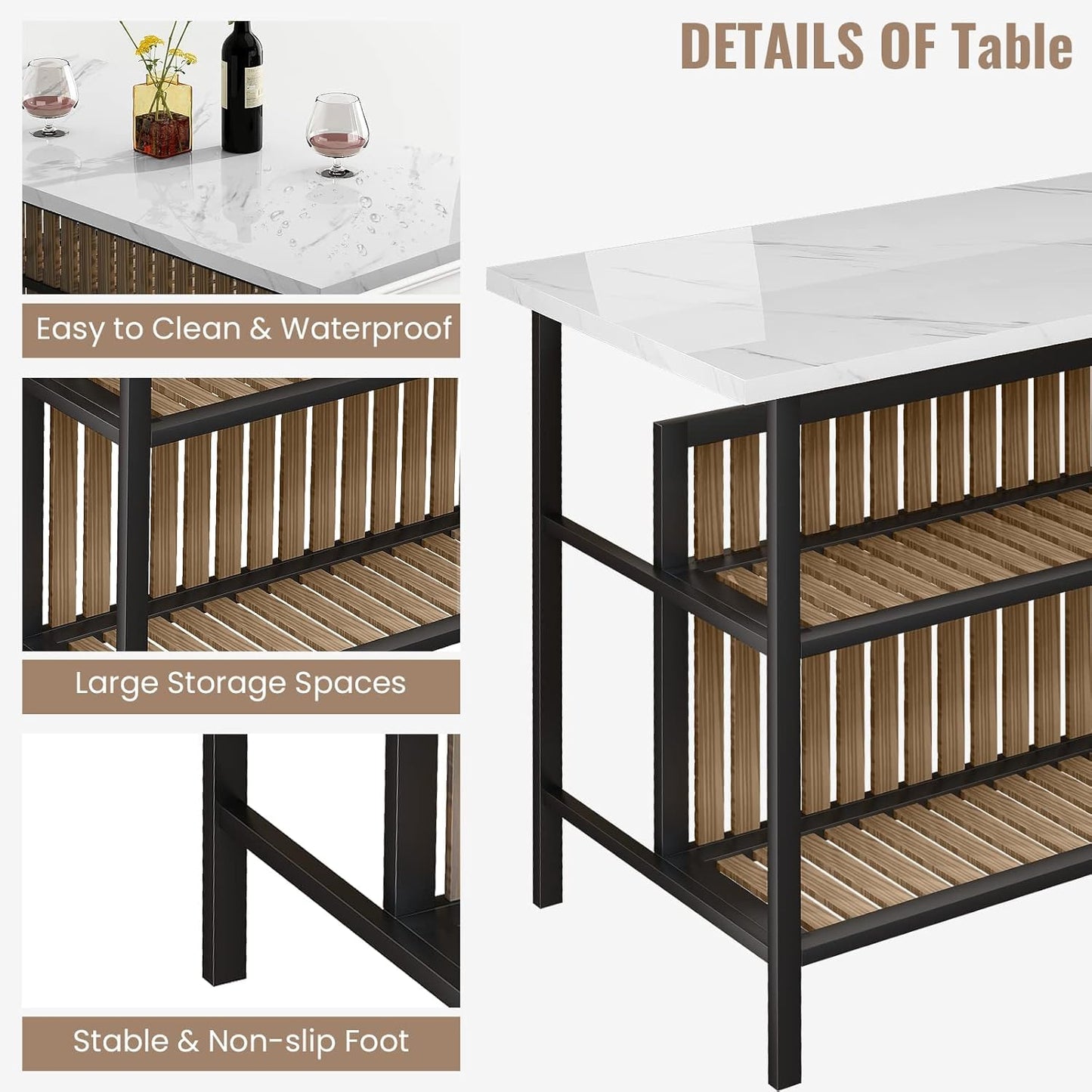 AWQM Kitchen Island with Seating & Storage Shelf, Modern Bar Table and Chairs Set for 2, Wooden Island Table for Kitchen, Dining Table Set for Small Space, White