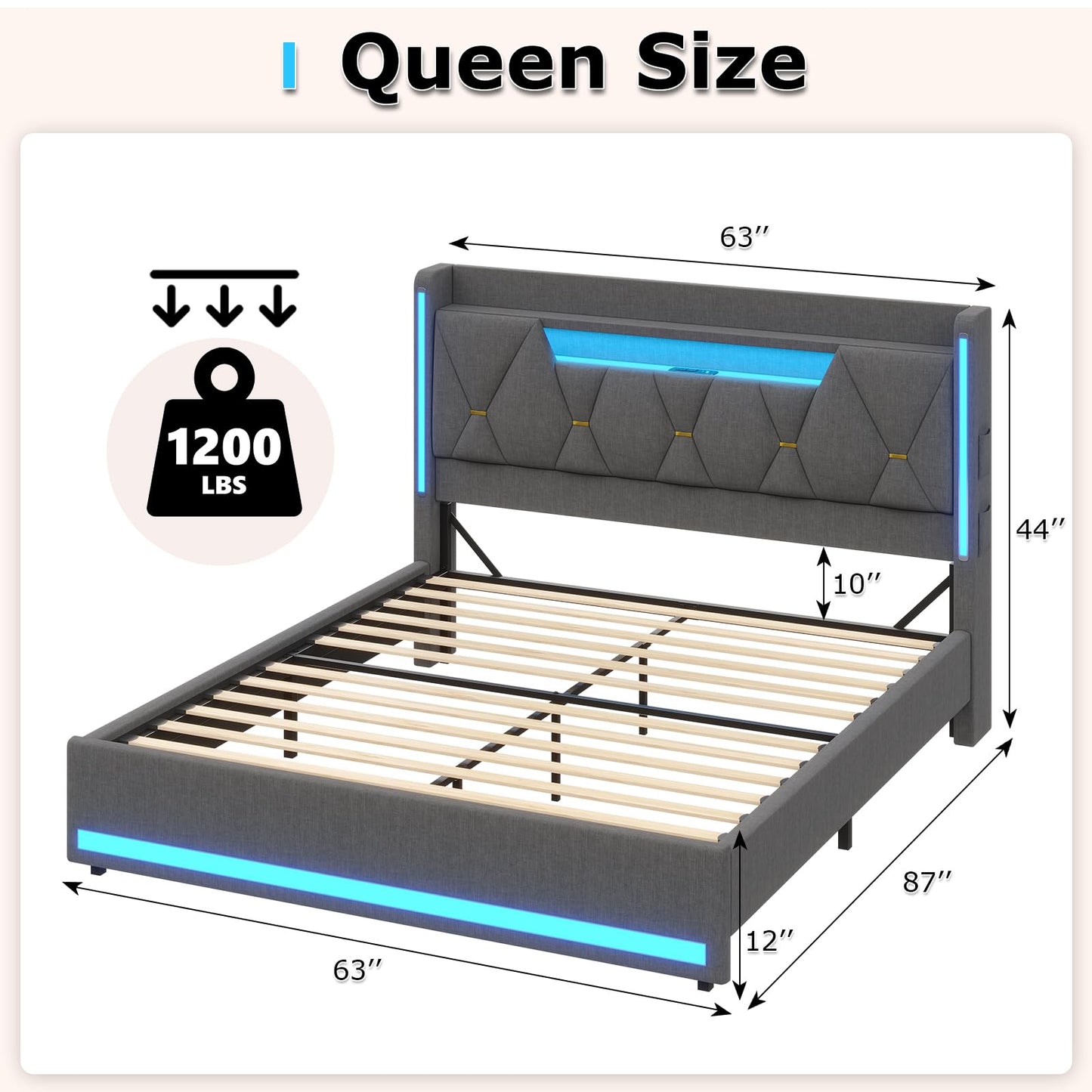 busyaeh Queen Bed Frame with Storage Headboard, Metal Bed Frame with LED Lights & Charging Station, Upholstered Queen Bed with Marshmallow Headboard, No Box Spring Needed, Easy Assembly，Dark Gray