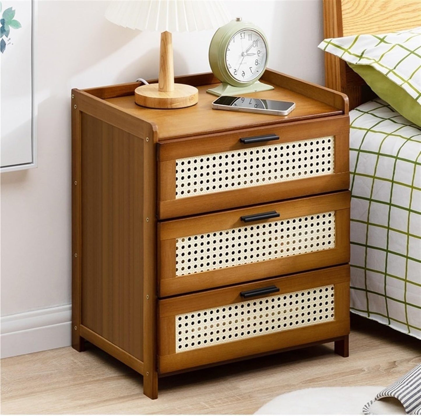 Boho Nightstand, End Table for Bedroom,Rattan Nightstand End Table,3Drawers Storage Ideal for Living Room and Small Space (Brown), for Home(Black)