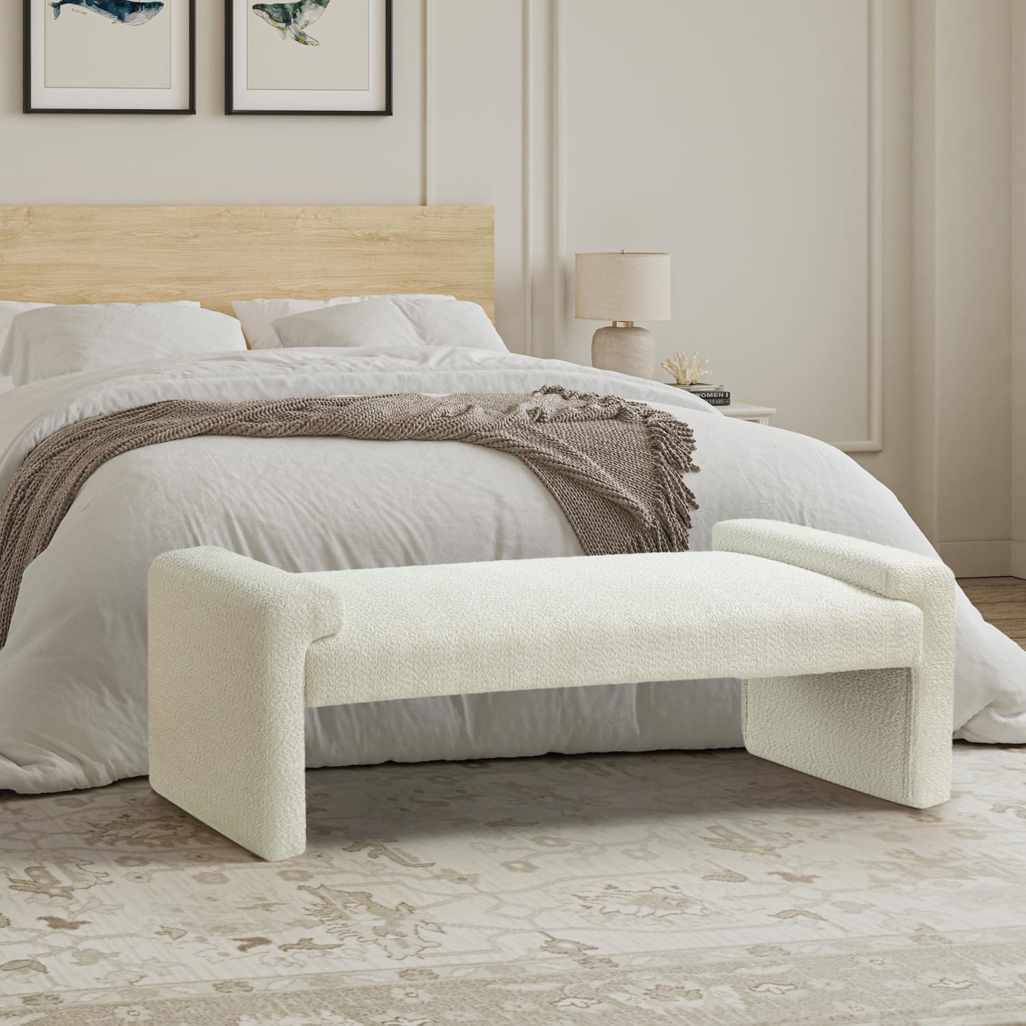 HULALA HOME 58.5" End of Bed Bench, Modern Fabric Upholstered Entryway Bench with Solid Wood Frame, Ivory