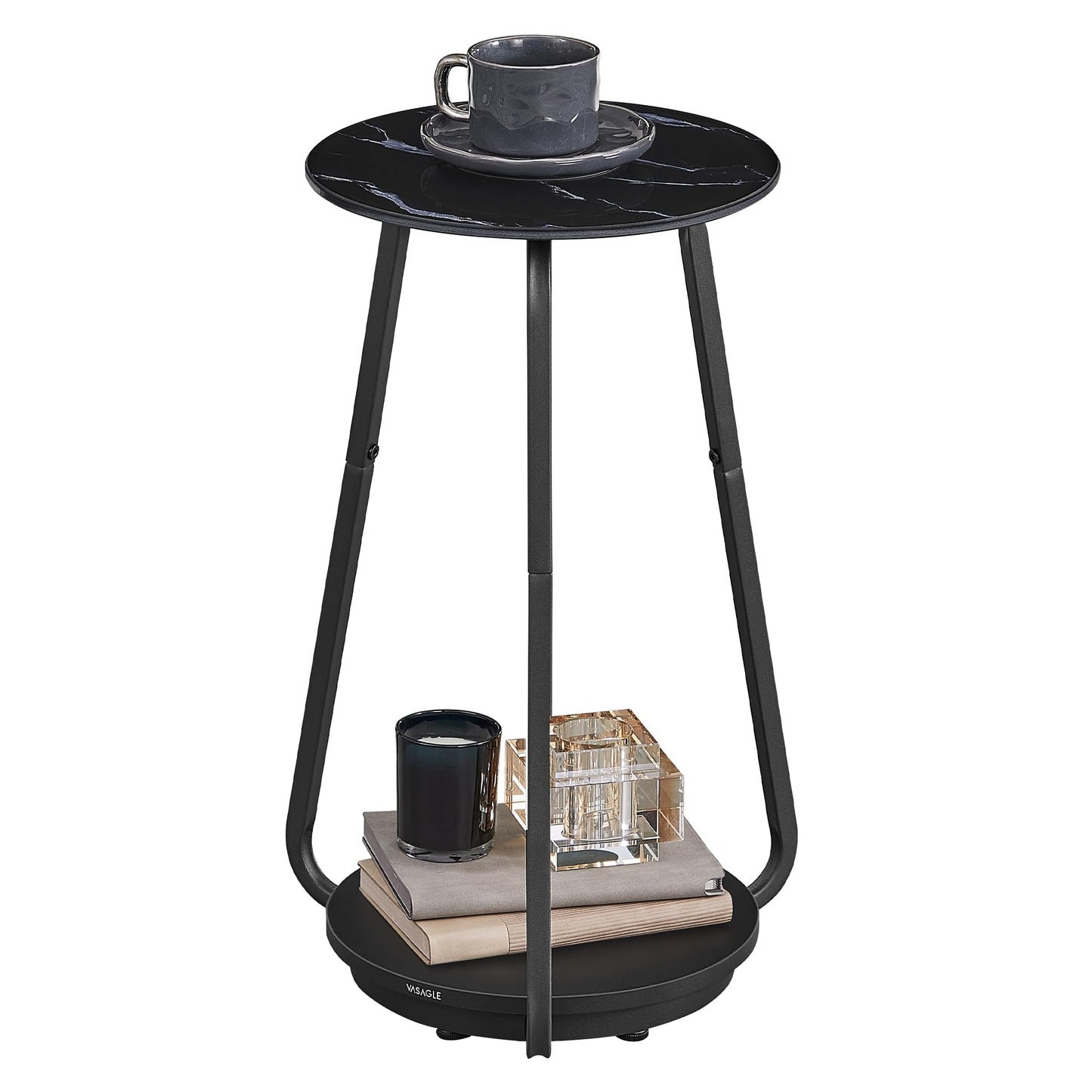 VASAGLE Round Side Table, 2-Tier Nightstand, End Table with Glass Top and Particleboard Shelf, Cocktail Table, for Living Room, Bedroom, Small Spaces, Modern Style, Marble Black ULET287B58