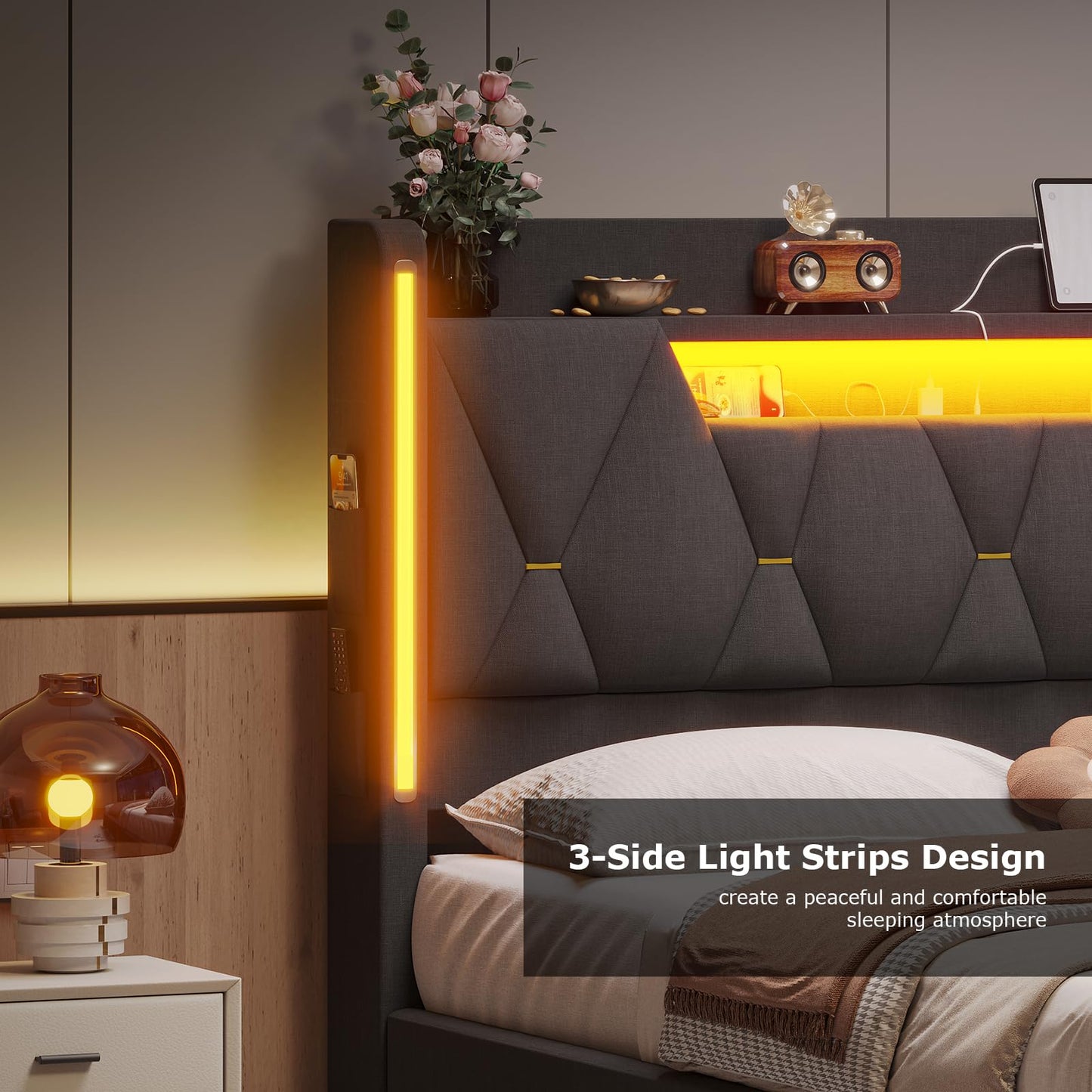 busyaeh Queen Bed Frame with Storage Headboard, Metal Bed Frame with LED Lights & Charging Station, Upholstered Queen Bed with Marshmallow Headboard, No Box Spring Needed, Easy Assembly，Dark Gray