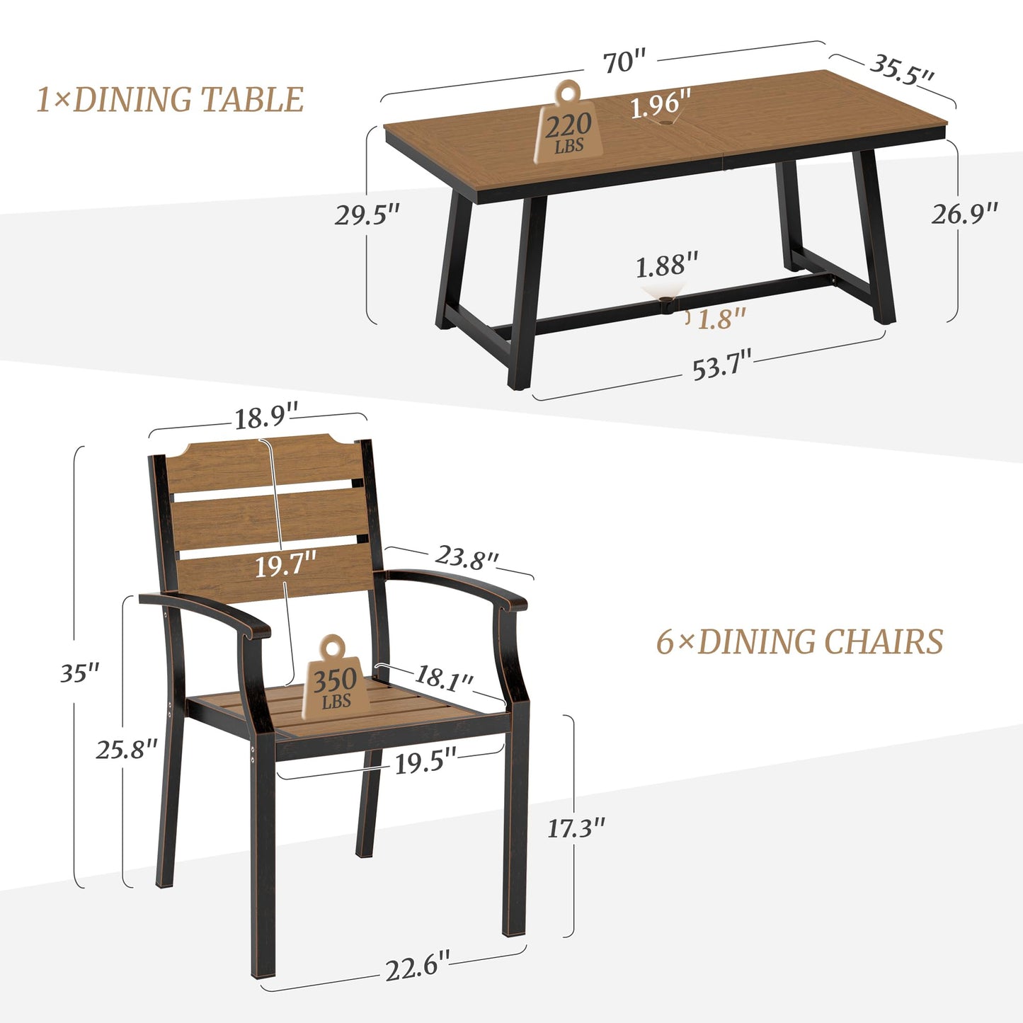 Cozyman Patio Table and Chairs Set, Patio Furniture Set, 7-Piece, HDPS All-Weather Material Outdoor Dining Set, Outdoor Furniture Set with Umbrella Hole, Brown-Oil Printed