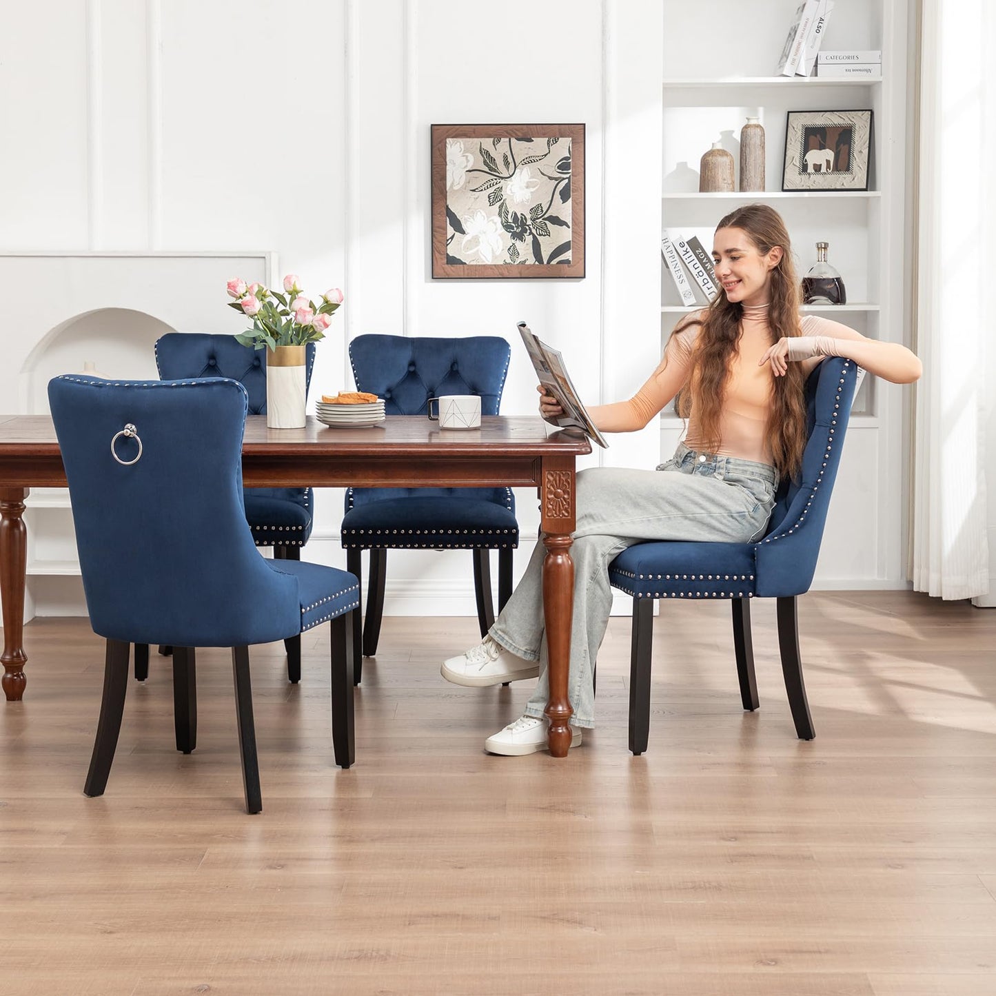 Kiztir Velvet Dining Chairs Set of 6, Upholstered Dining Room Chairs with Ring Pull Trim and Button Back, Luxury Tufted Dining Chairs for Living Room, Bedroom, Kitchen (Blue)