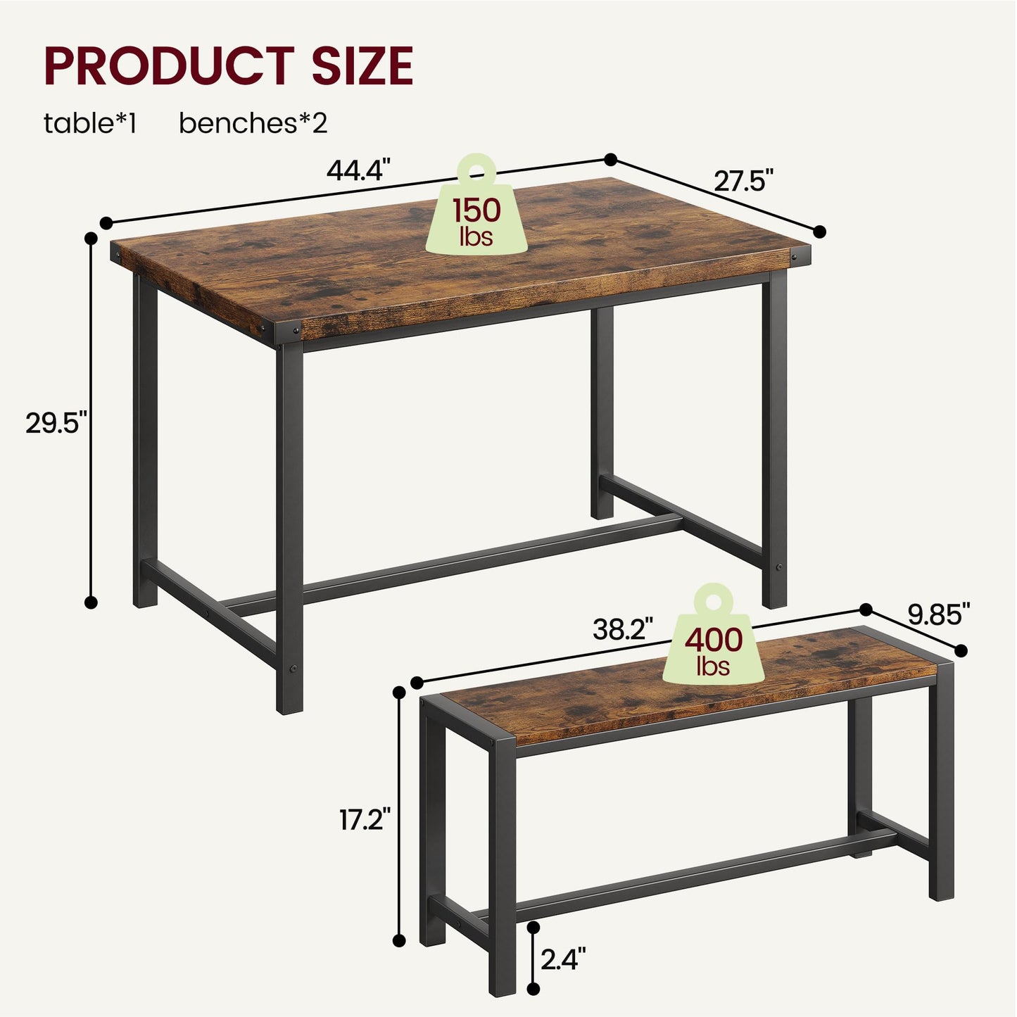 IDEALHOUSE Dining Table Set for 4, Kitchen Table with Benches, Rectangular Dining Room Table Set with 2 Metal Wood Benches, 3 Piece Dining Table Set for Small Space, Apartment, Dinette, Retro Brown