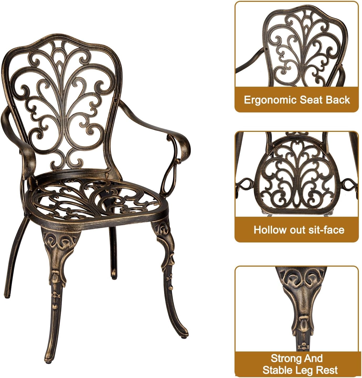 GarveeHome 3 Piece Outdoor Bistro Set, Cast Aluminum Patio Table and Chairs Set of 2 with Umbrella Hole, Rust-Resistant All Weather Balcony Furniture for Backyard, Porch, Bronze