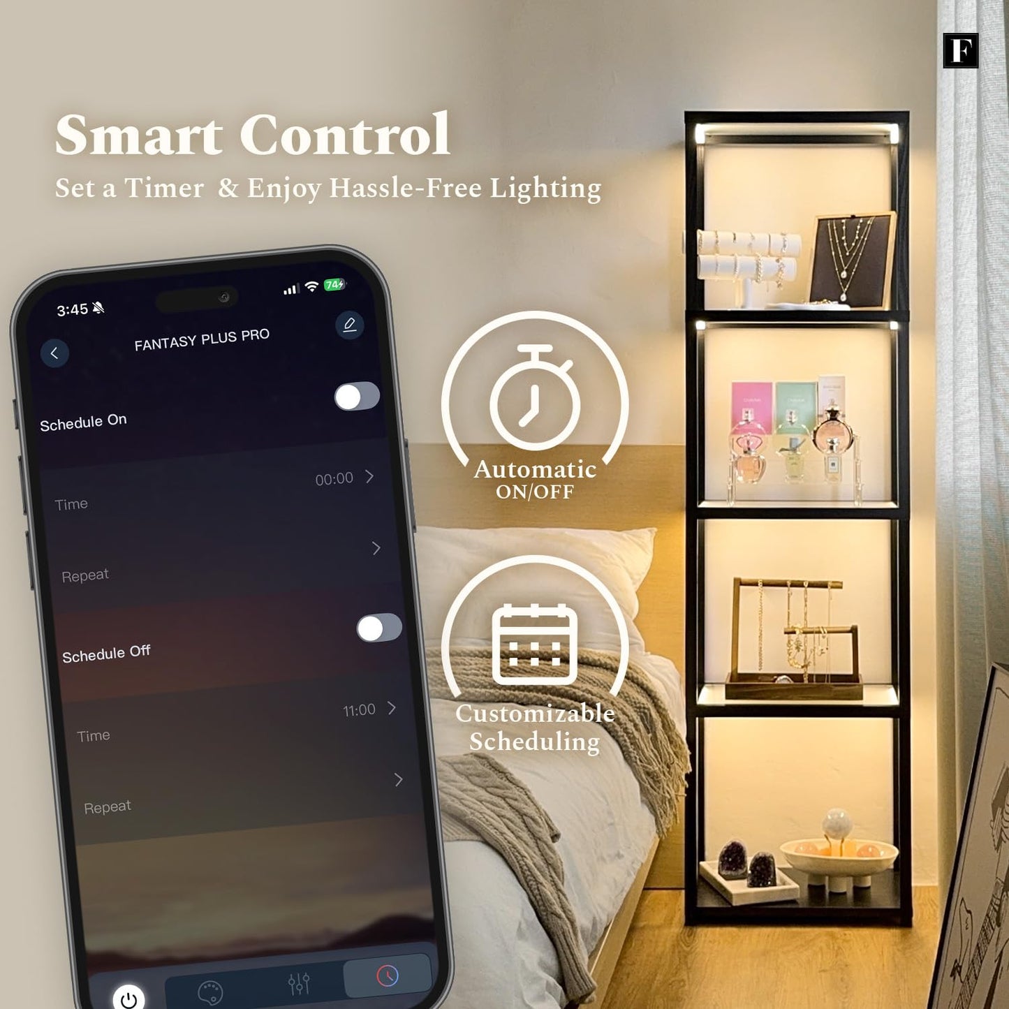LED Display Shelf with Lights – Glass Display Cabinet for Collectibles with Dimmable Lighting, App & Remote Control – 66” Curio Shelf Floor Lamp with Adjustable Color Temps – FENLO Fantasy Plus Pro
