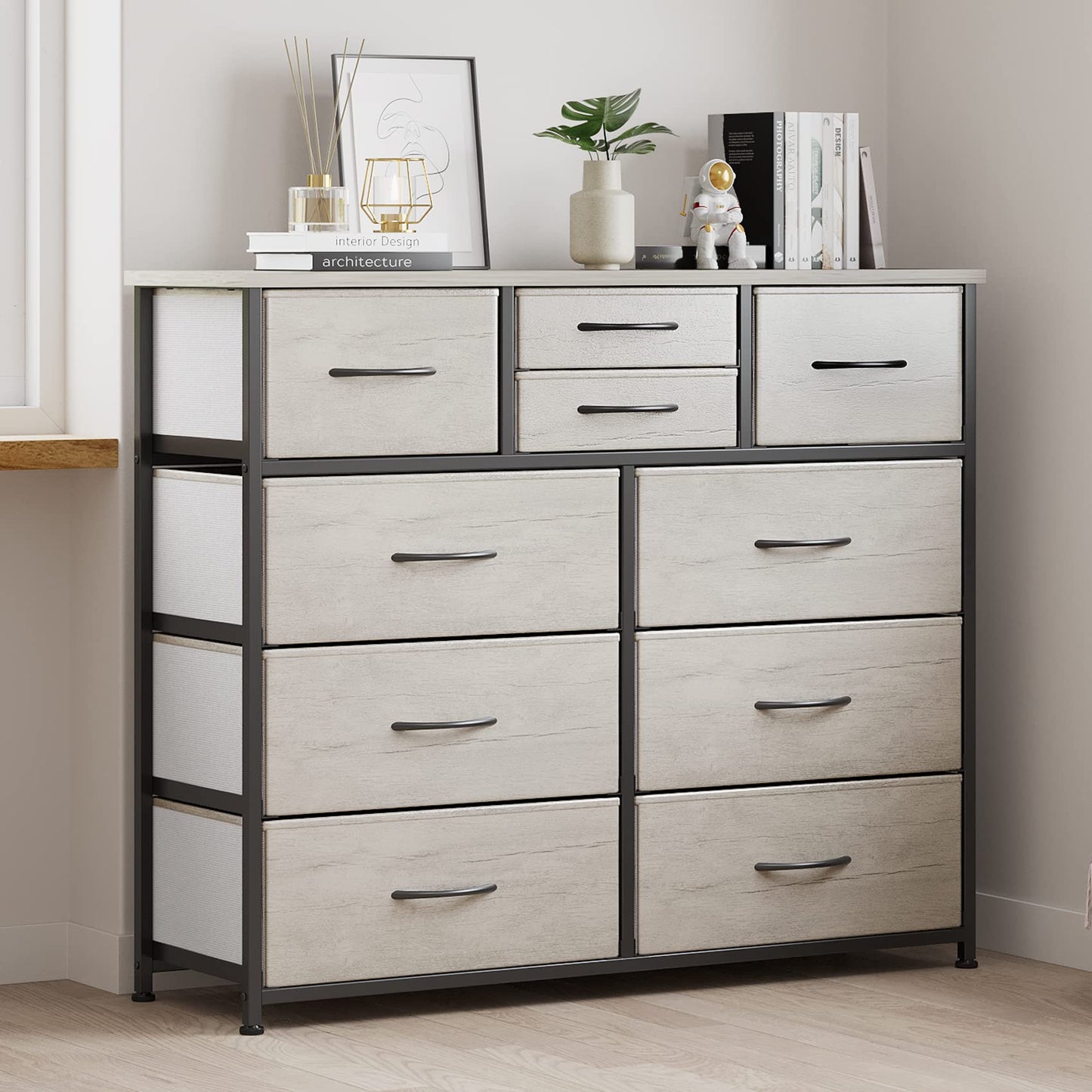 LUMTOK 10-Drawer Dresser, Fabric Storage Dresser Drawers for Bedroom, Hallway, Nursery, Closets, Steel Frame, Wood Top, Easy Pull Handle (Greige)