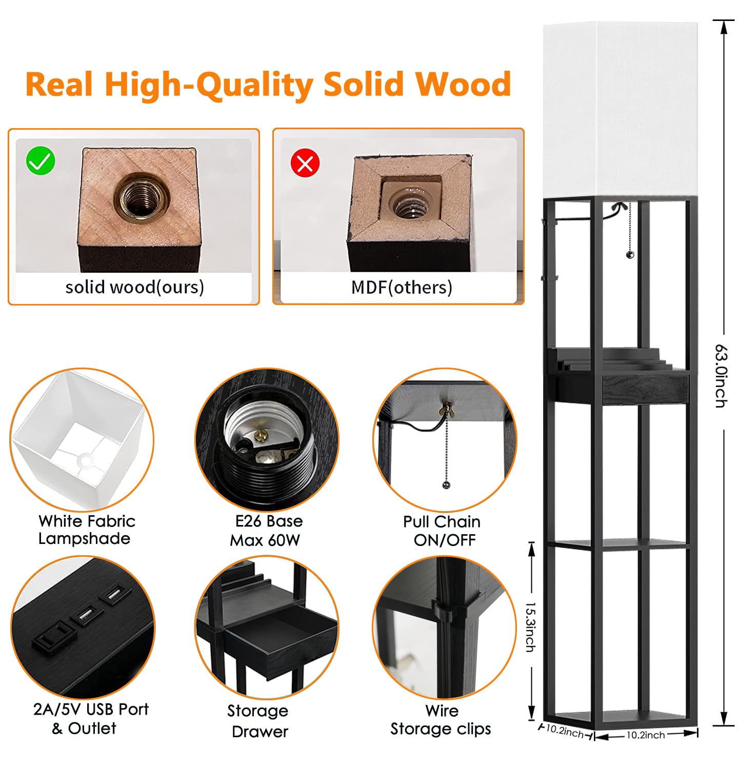 Assemer Shelf Floor Lamps for Living Room,Tall Standing Lamp with Shelves and Drawer,2 USB Charging Ports & 2 Power Outlet,Bright 3CCT LED Bulb Included - Black
