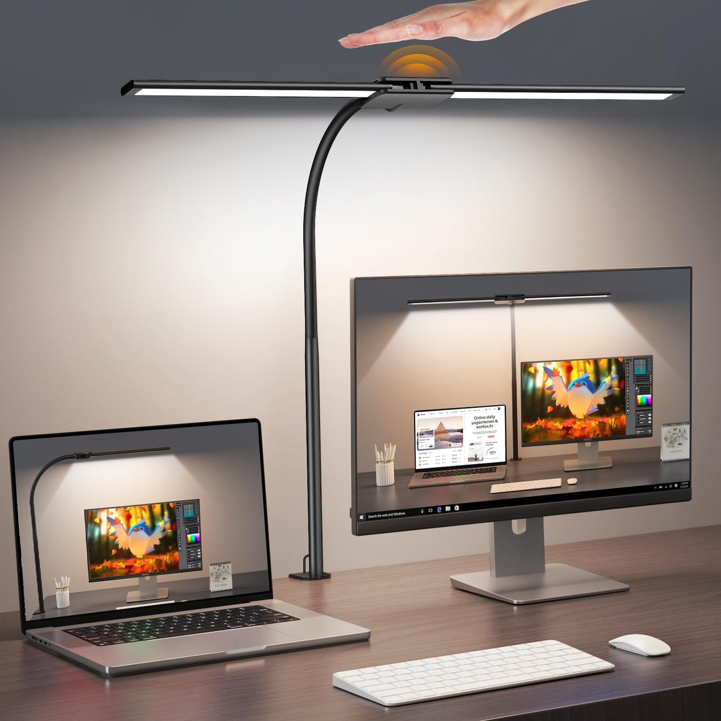 Syrinx LED Desk Lamp for Home Office – Eye-Caring Dual Head Desk Light with Flexible Gooseneck, Clamp, Gesture/Wired Control, 50 Lighting Modes with Memory/Timer for Study, Crafting