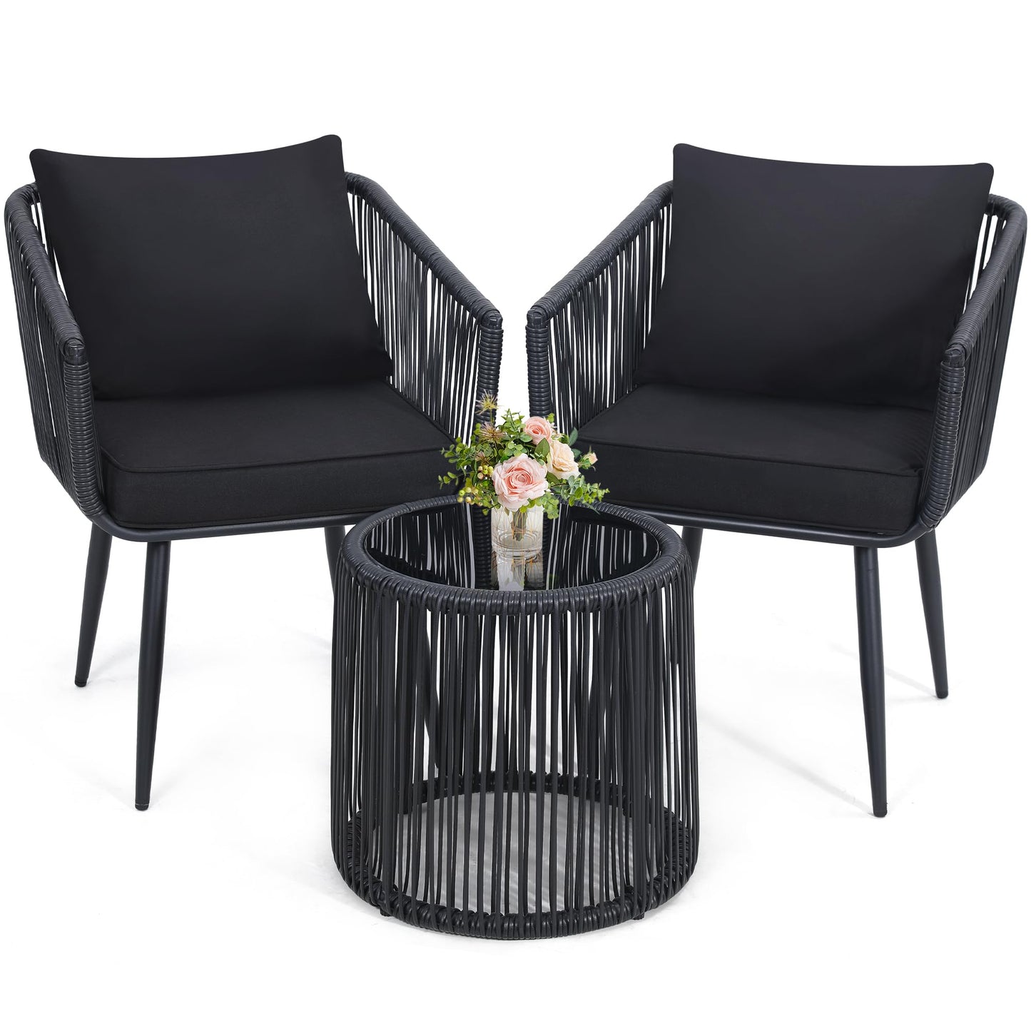 Kromax 3 Pieces Patio Rattan Bistro Conversation Set, Outdoor All-Weather Wicker Furniture Chairs and Side Table Set Ideal for Balcony, Porch and Backyard, Black