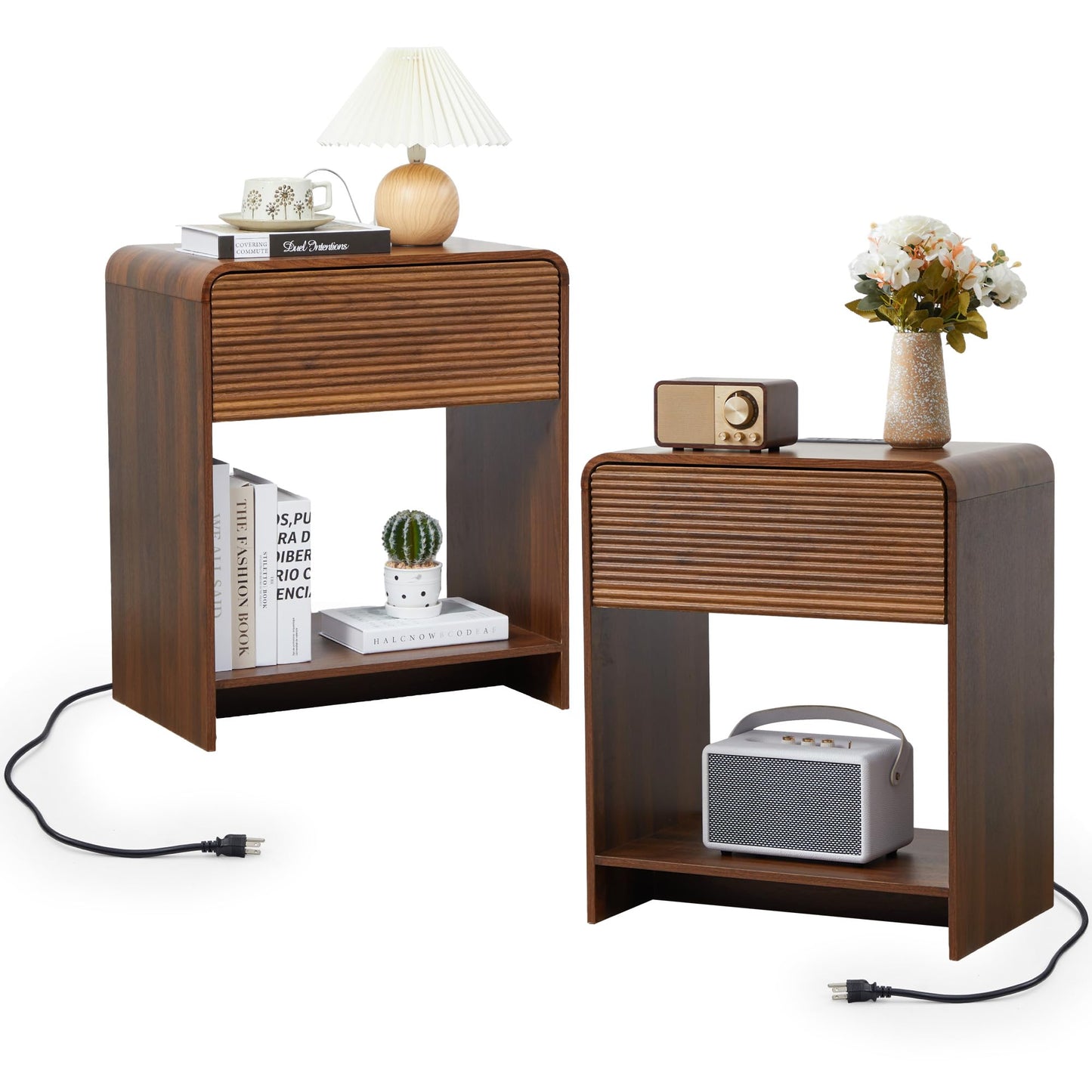XUZENEST Fluted Nightstand Set of 2 with Charging Station, Modern Bed Side Table End Table with Drawer Storage, Large Wooden Night Stands Bedside for Bedroom Living Room Sofa Office, Walnut 2 Sets