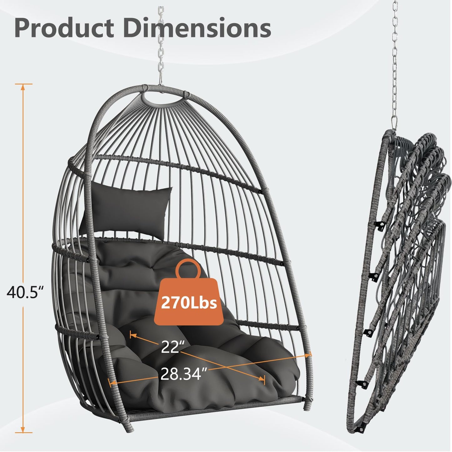 Hanging Egg Chair Without Stand, HDPE Rattan Foldable Swing Chair with Aluminum Frame & UV Resistant Cushion, Hammock Egg Basket for Indoor Outdoor Bedroom Garden, 350Lbs Capacity (Dark Grey)