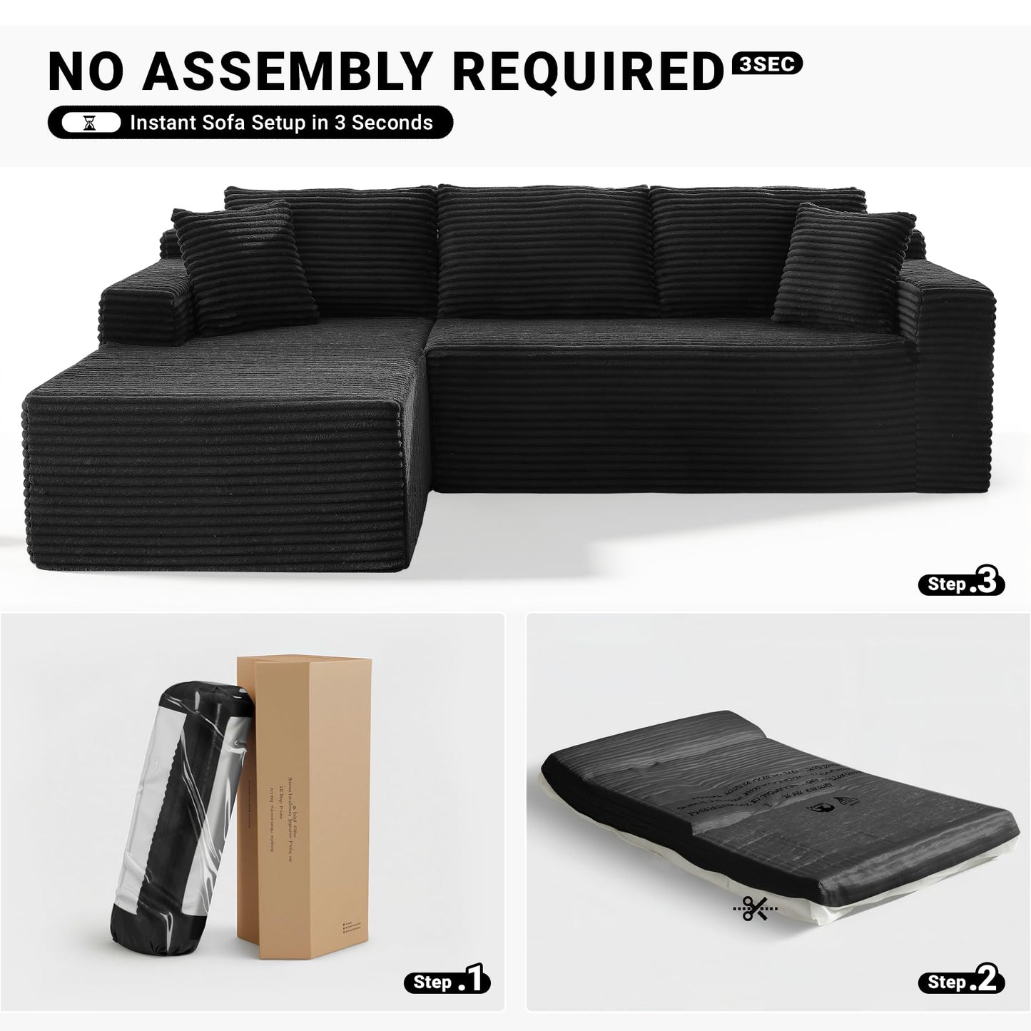ivoros Sectional Couch with L-Shape Chaise, 103" Modular Sectional Sofa with Deep Seat, Modern Corduroy Couch, Lazy Compression Sofa for Living Room, No Assembly Required, Left, Black