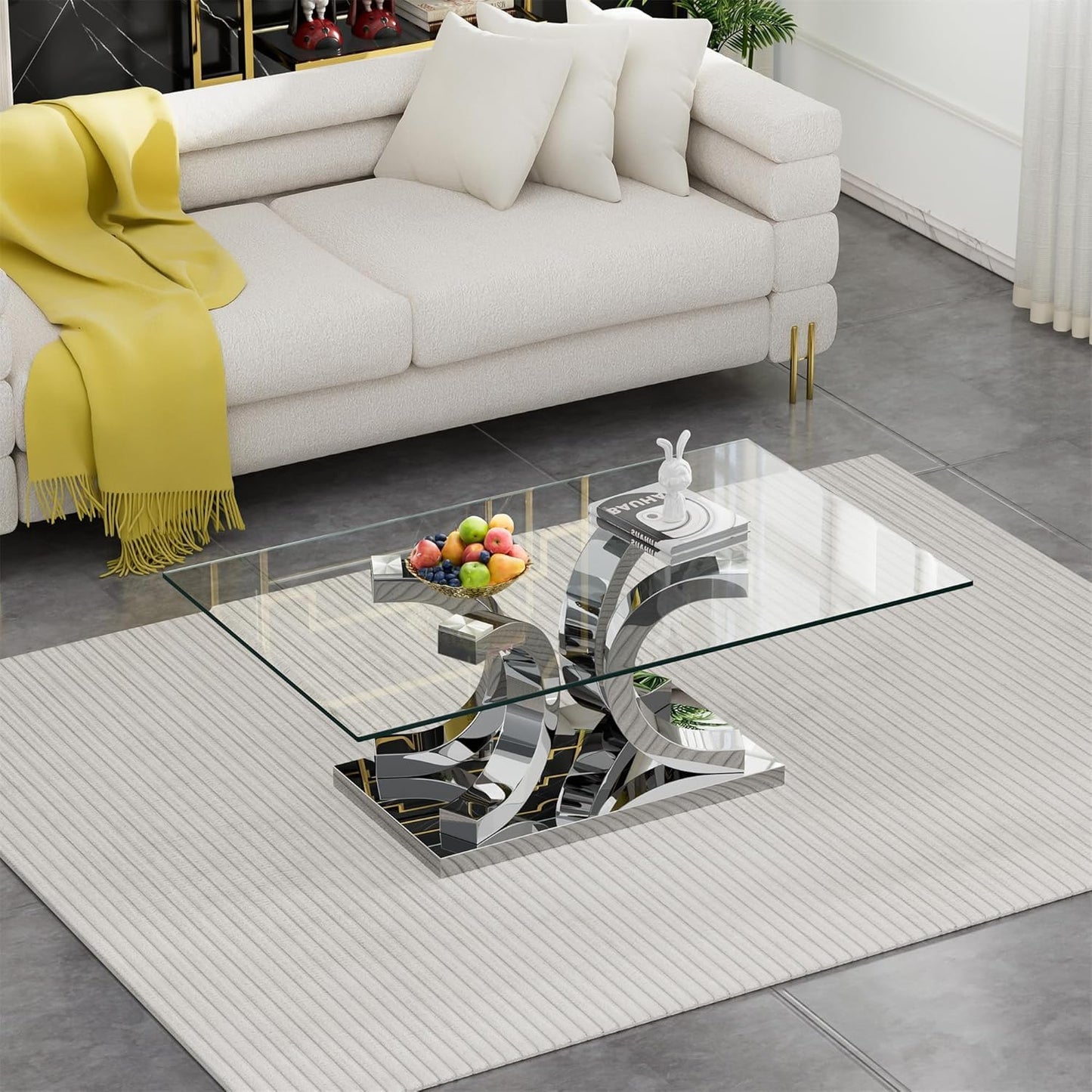 Glass Coffee Table with Silver C-Shaped Stainless Steel Base, Modern 47" Rectangular Center Table Clear Glass Top Accent Cocktail Tea Table for Living Room Bedroom Home Office