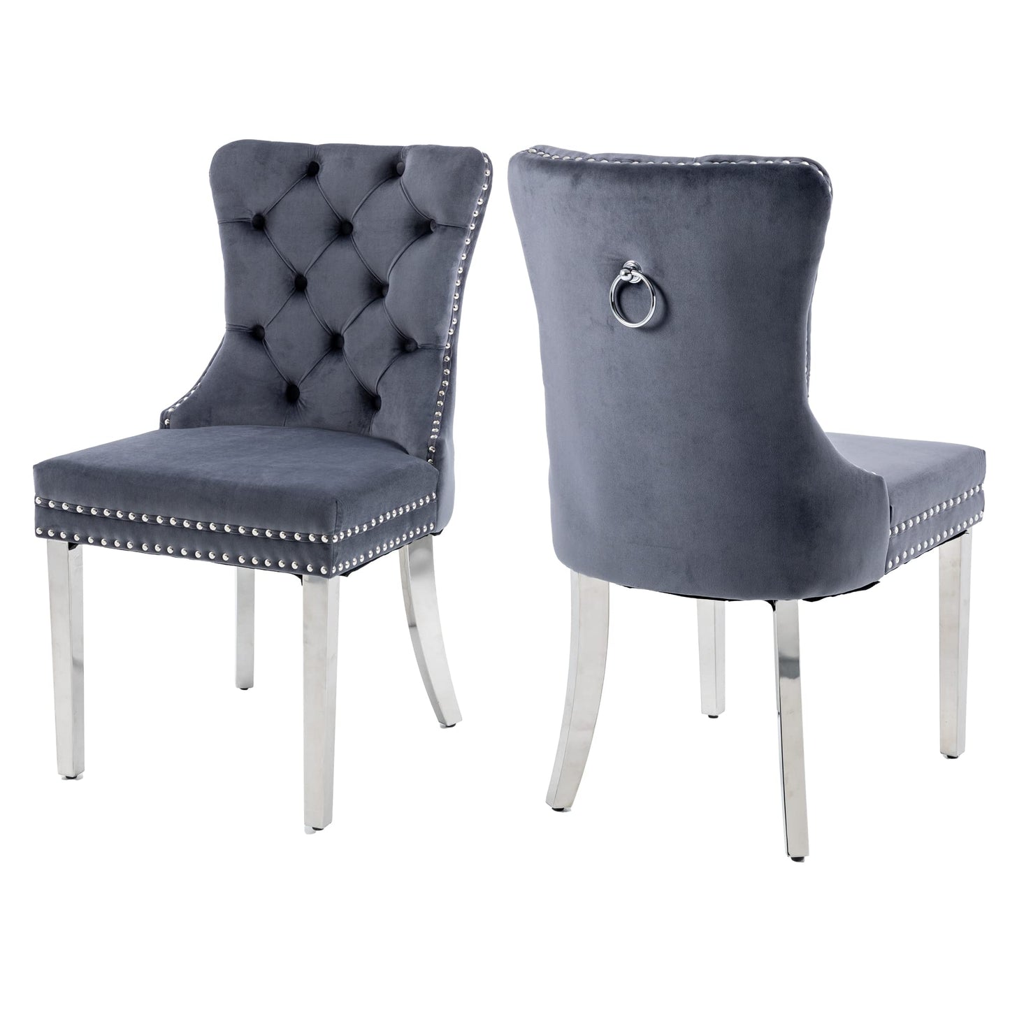 GOOLON Dining Room Chairs Set of 2, Tufted Velvet Chairs with Modern Stainless Steel Legs, Rivet Trim Metal Pull Ring Large Back for Kitchen Dining Room Restaurant, Dark Gray