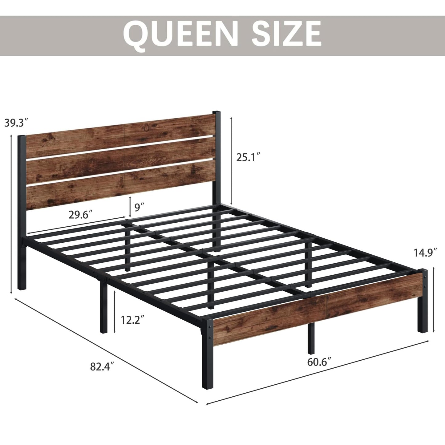 Fluest Queen Bed Frame with Headboard and Footboard, with Under Bed Storage, All-Metal Support System, No Box Spring Needed, Easy Assembly,Rustic Brown