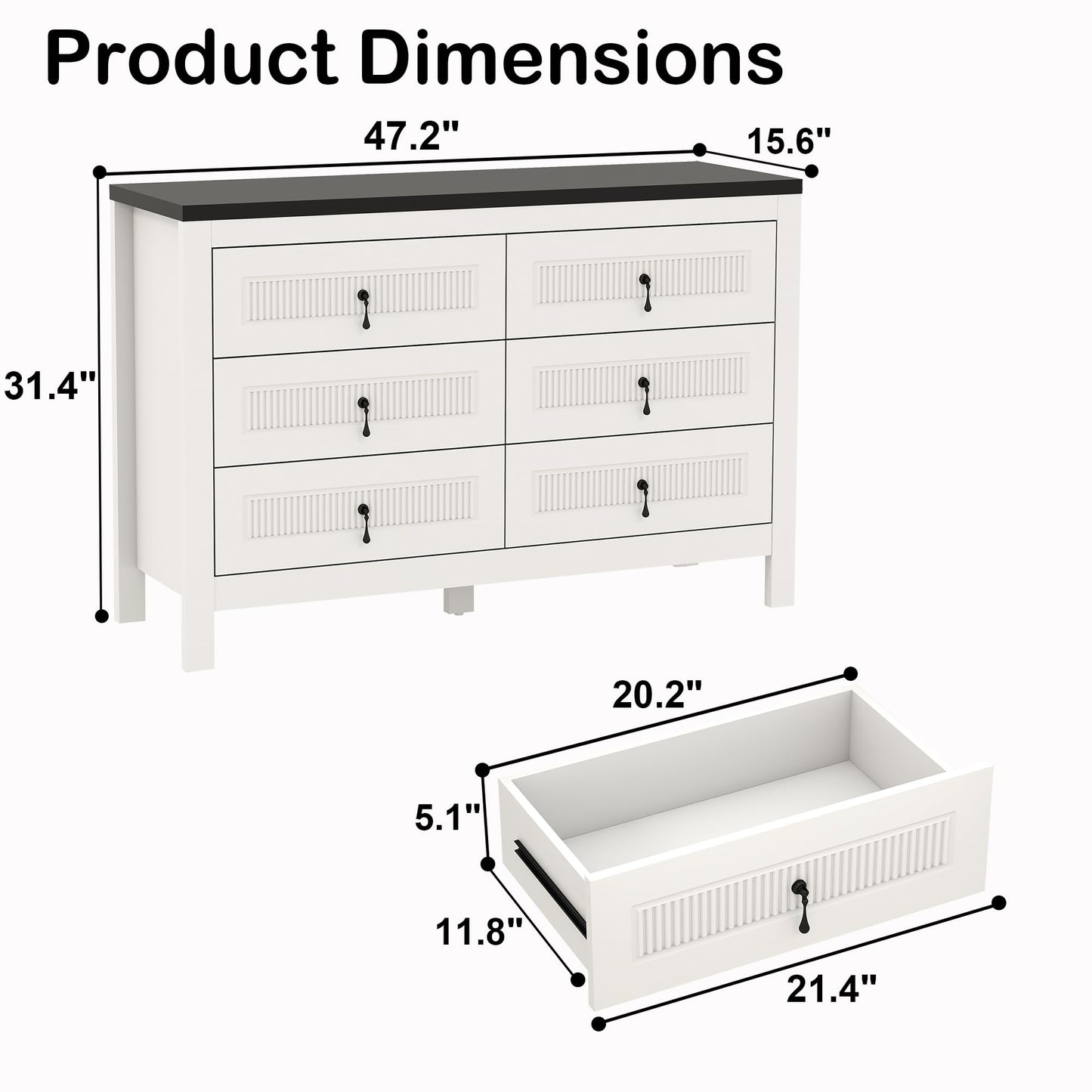 LABROSKIA White Dresser for Bedroom Deep Drawers: 47" Wood Bedroom Dressers with 6 Drawers, Modern Chest of Drawer with Handles, Adult Dresser for Fluted Drawer (White)