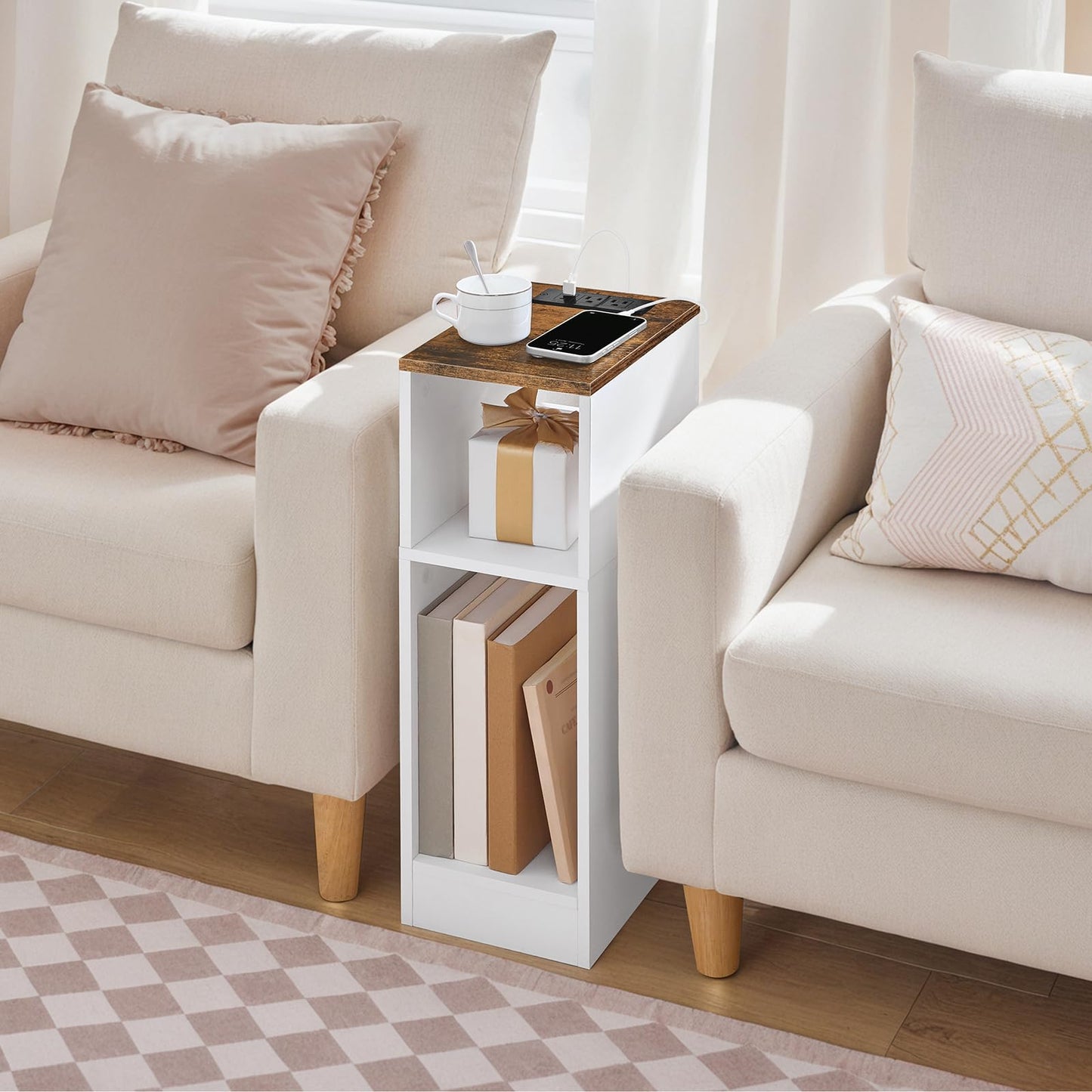 MAHANCRIS Narrow Nightstand, Slim End Table with Charging Station and LED Sensor Light, Modern Side Table, Bedside Table, for Small Spaces, Living Room, Bedroom, Rustic Brown and White ETBR25E01
