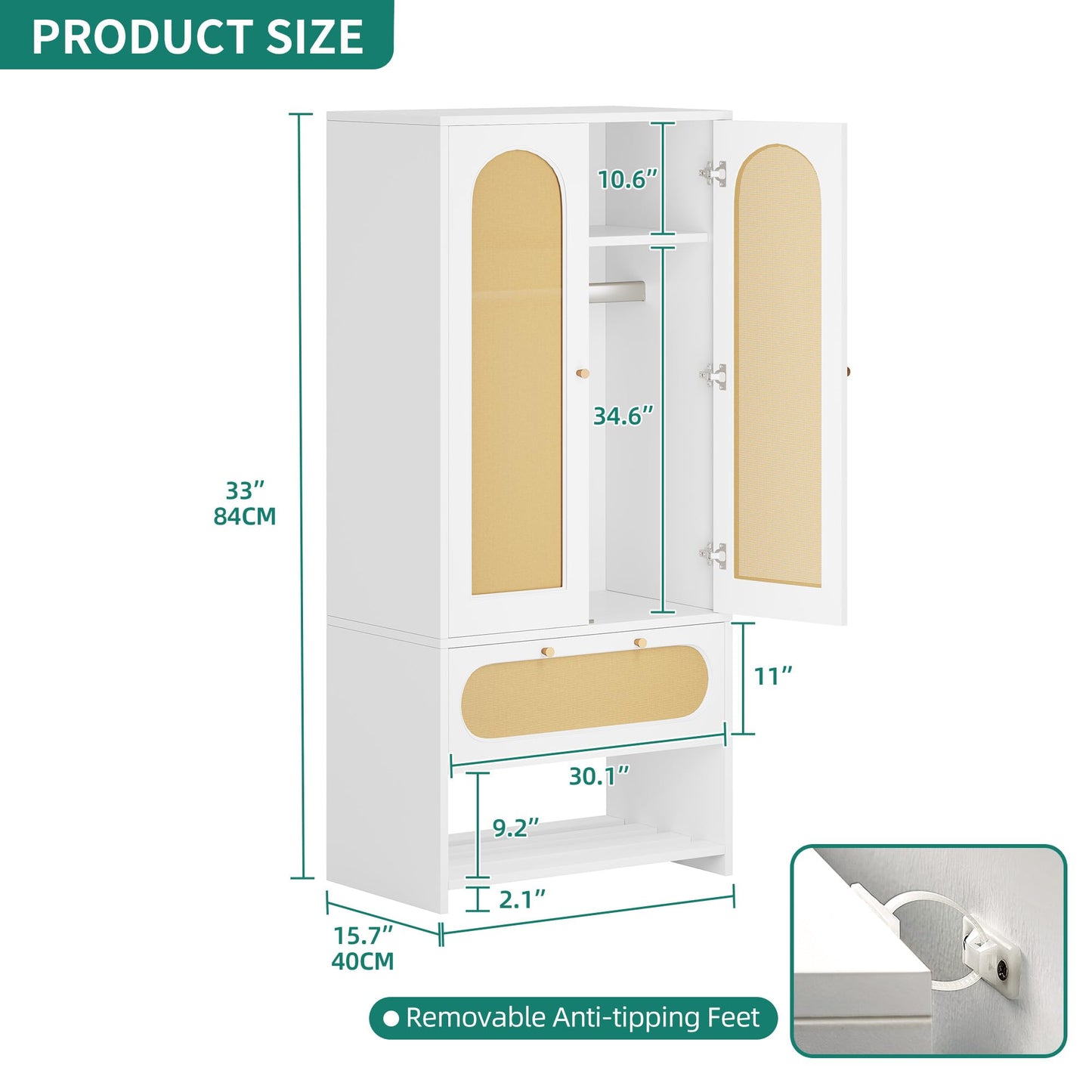 YITAHOME Rattan Wardrobe Closet Set of 2 70" Tall Rattan Armoire with Doors, Large Storage Cabinet with Drawers & Hanging Rod-White