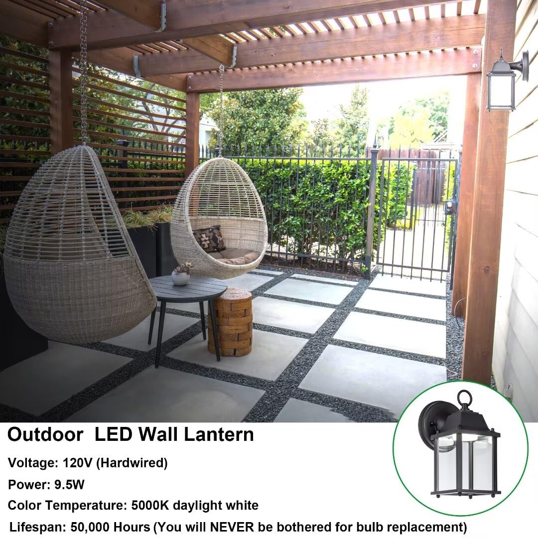 LIT-PaTH Outdoor LED Wall Lantern, Wall Sconce as Porch Lighting Fixture, 5000K Daylight White, 9.5W 800 Lumen, Aluminum Housing Plus Glass, Black Finish, 1-Pack