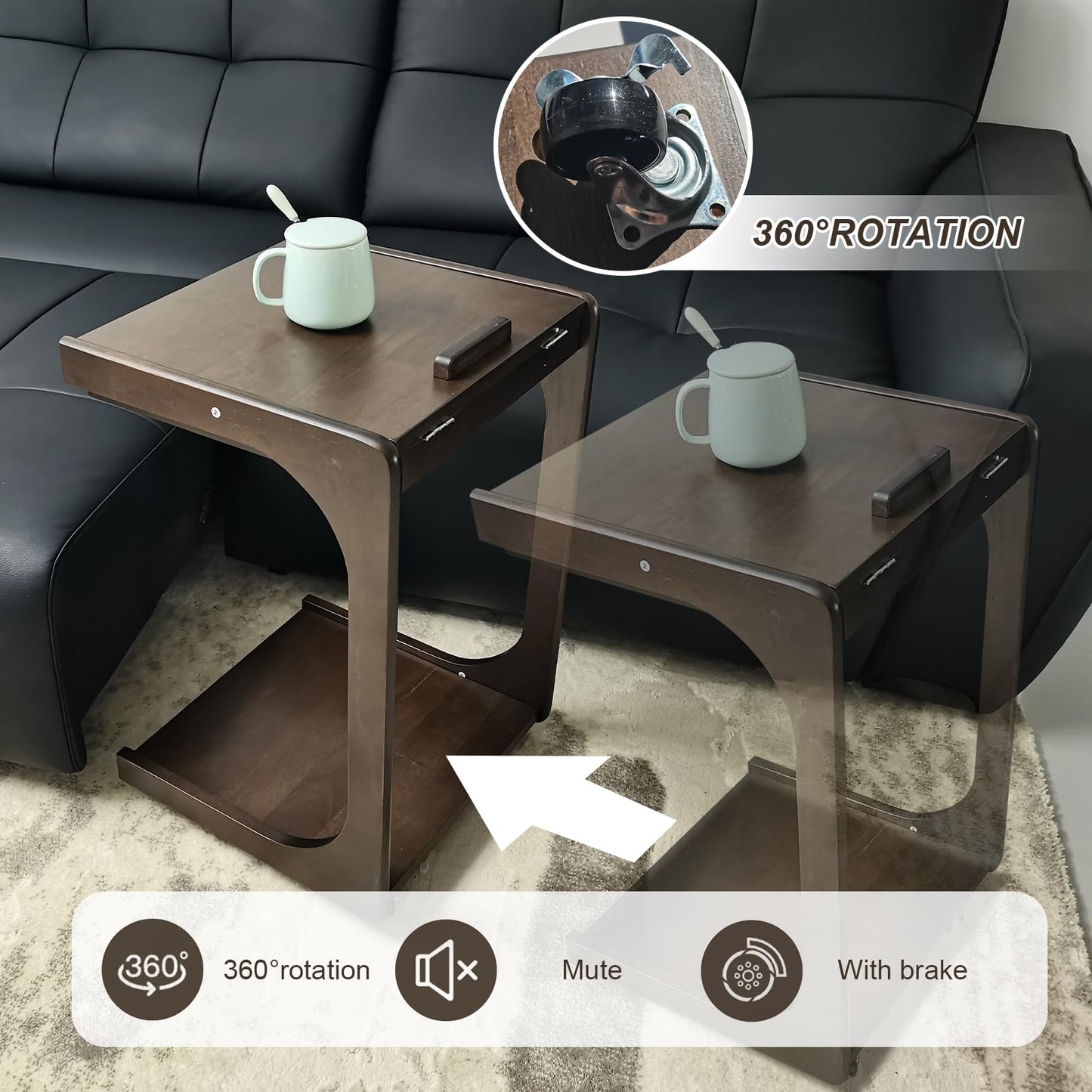 Solid Wood C Shaped End Table,Wooden Side Tables for Couch with Rolling Wheels, Adjustable Desktop TV Tray Table for Narrow Living Rooms Bedrooms & Small Spaces - Compact Sofa sode & Bedside Tables