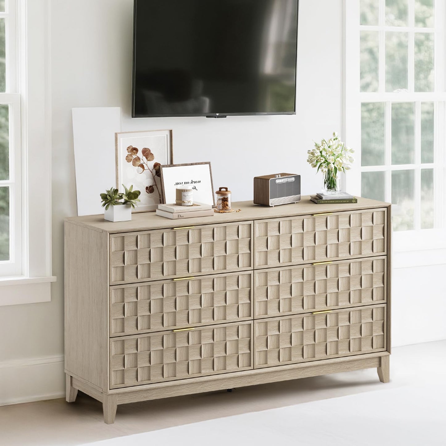 COLAMY Fluted Storage Cabinet with 6 Drawers, Buffet Sideboard Cabinet, Modern Wood Side Board, Living Room Cabinet with Metal Handles for Dining Room, Bedroom, Entryway, Hallway, Oak