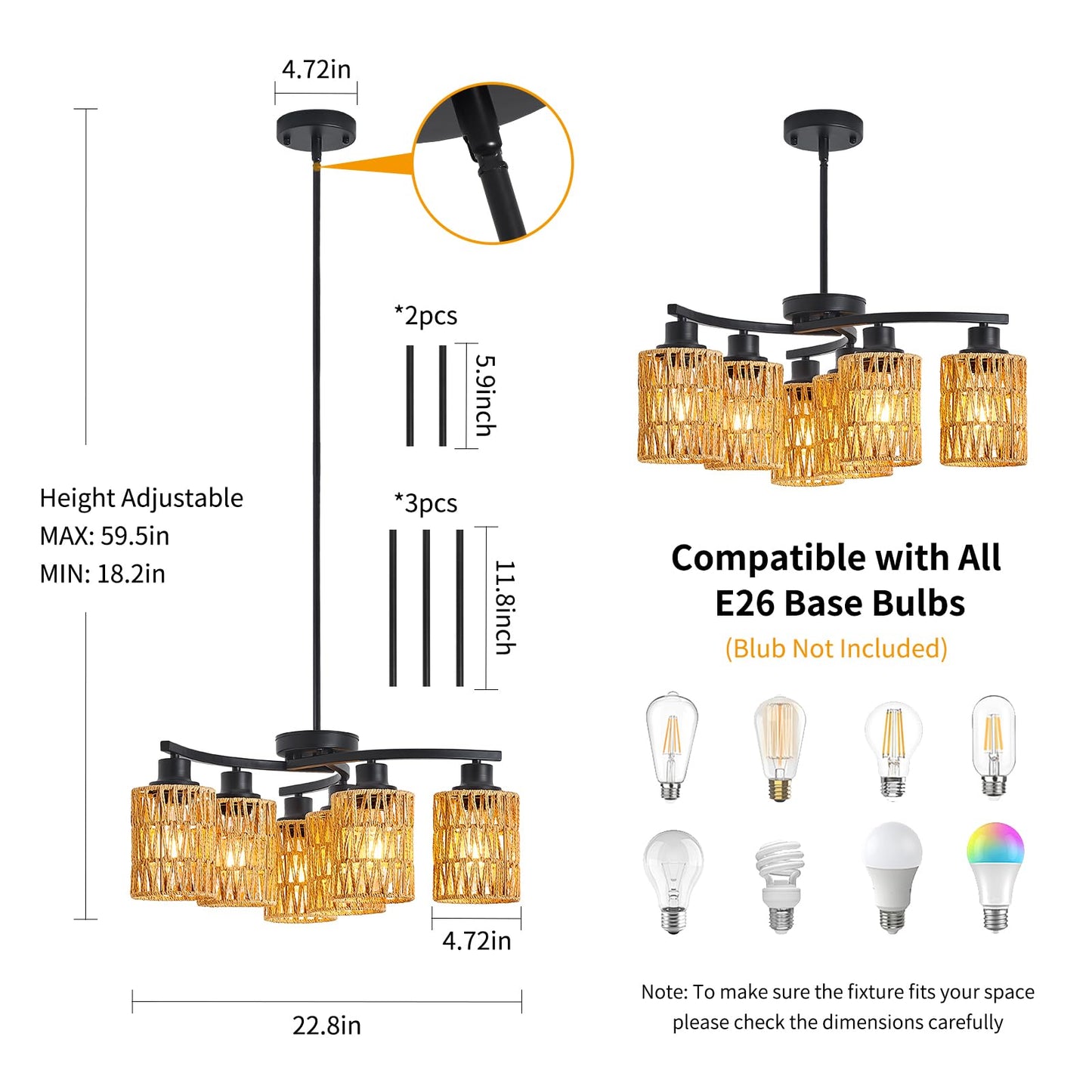 AIBISOD 6-Light Black Chandelier, 6-Light Farmhouse Boho Rattan Chandelier Dining Room Light Fixtures Over Table, Hand-Woven Wicker Shade, Adjustable Height for Dining Room Kitchen Island, E26 Base