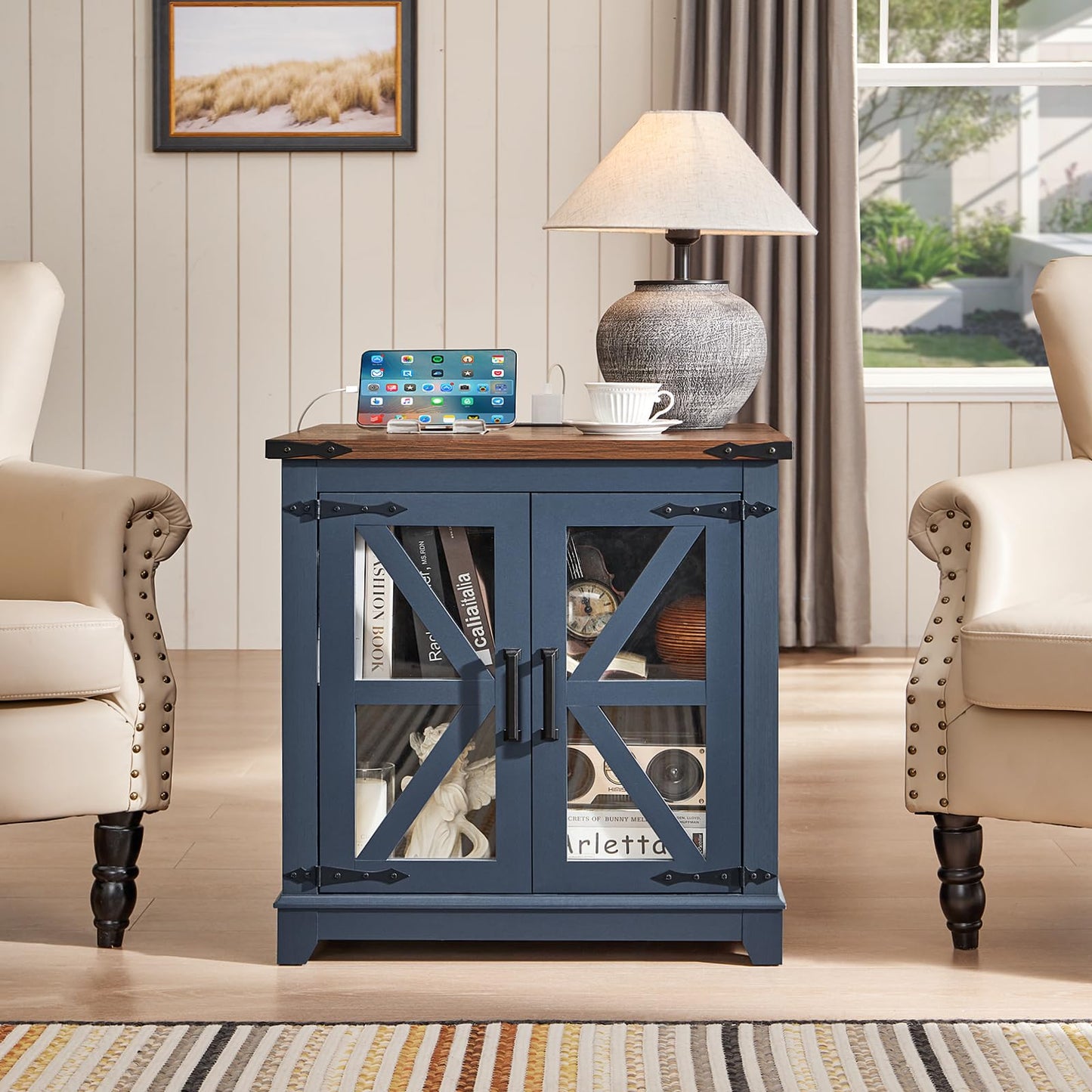 Joaxswe Farmhouse End Table with Charging Station, 24" Large Sofa Side Table with Glass Barn Door, Blue Nightstand with Adjustable Storage Shelf,Wood Square Bedside Table for Living Room,Bedroom