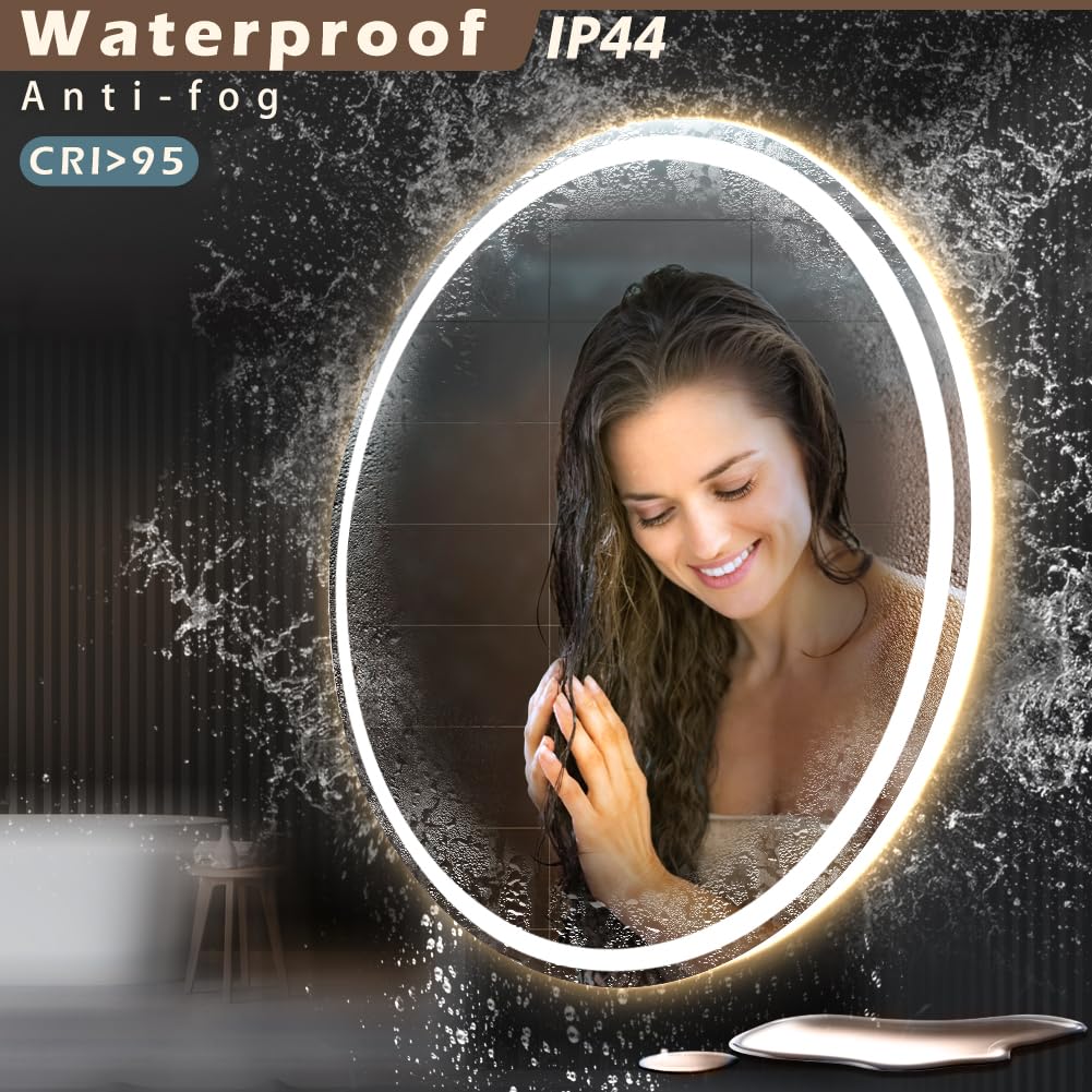 KWW 40 Inch Large Modern LED Round Bathroom Vanity Mirror, Color Temperature Adjustable, Anti-Fog Dimmable Lights, Easy to Install, Wall Mounted Makeup Mirror with Smart Touch Button