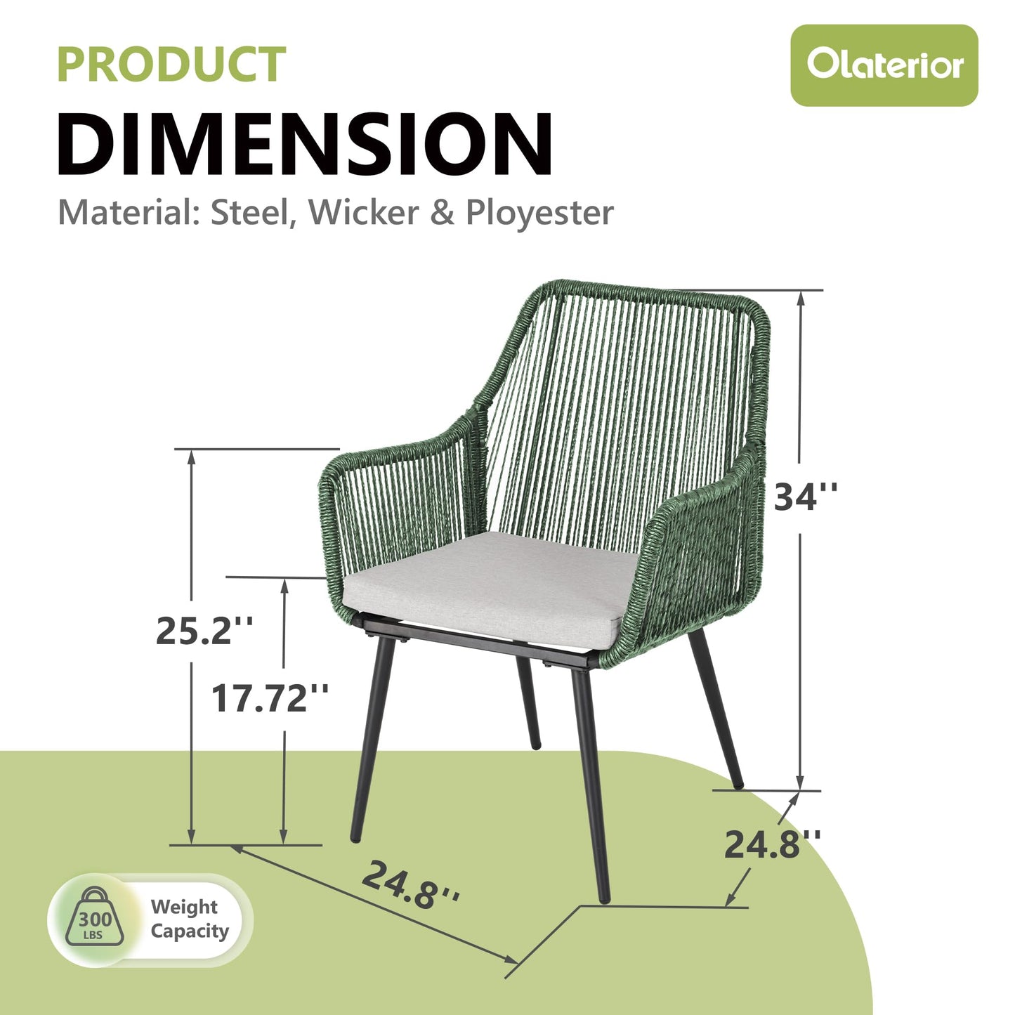 Olaterior Patio Dining Chairs Outdoor Dining Chairs Set of 4, Woven Twisted Wicker Rattan Chair with Armrest and Cushion, Modern Indoor Outdoor Seating for Garden, Lawn, Backyard, Green