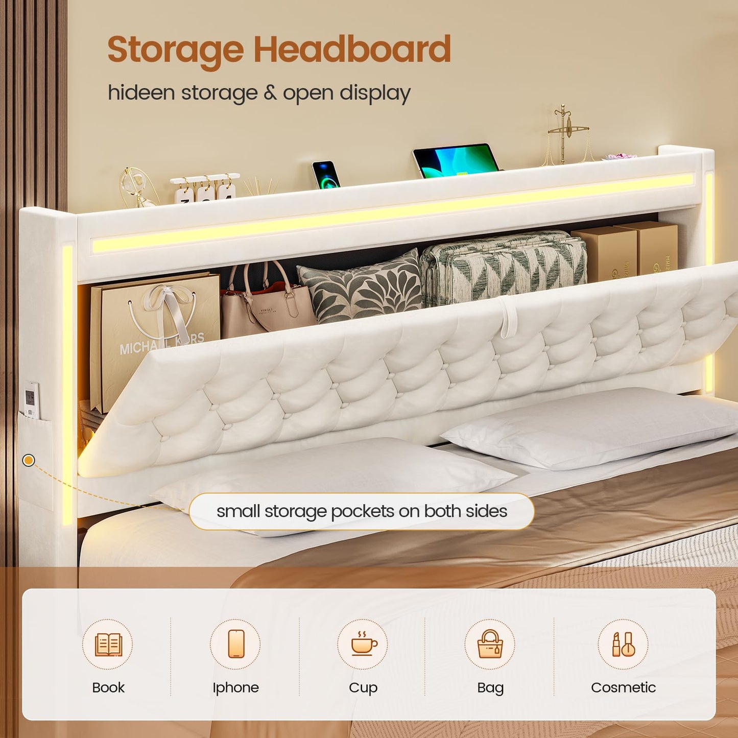 BTHFST King Upholstered LED Bed Frame with 5 Drawers, Velvet Hidden Storage Headboard with Charging Station, Button Tufted Headboard and Heavy Duty Metal Slats Support, No Box Spring Needed, Beige
