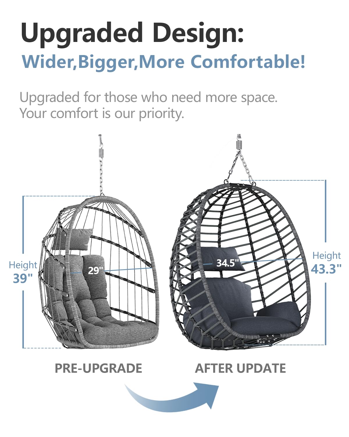 SWITTE Egg Swing Chair with Stand, Outdoor Patio Hanging Egg Chair, Indoor Hammock Chair with Cushion for Garden Backyard, 350LBS Capacity-Dark Grey
