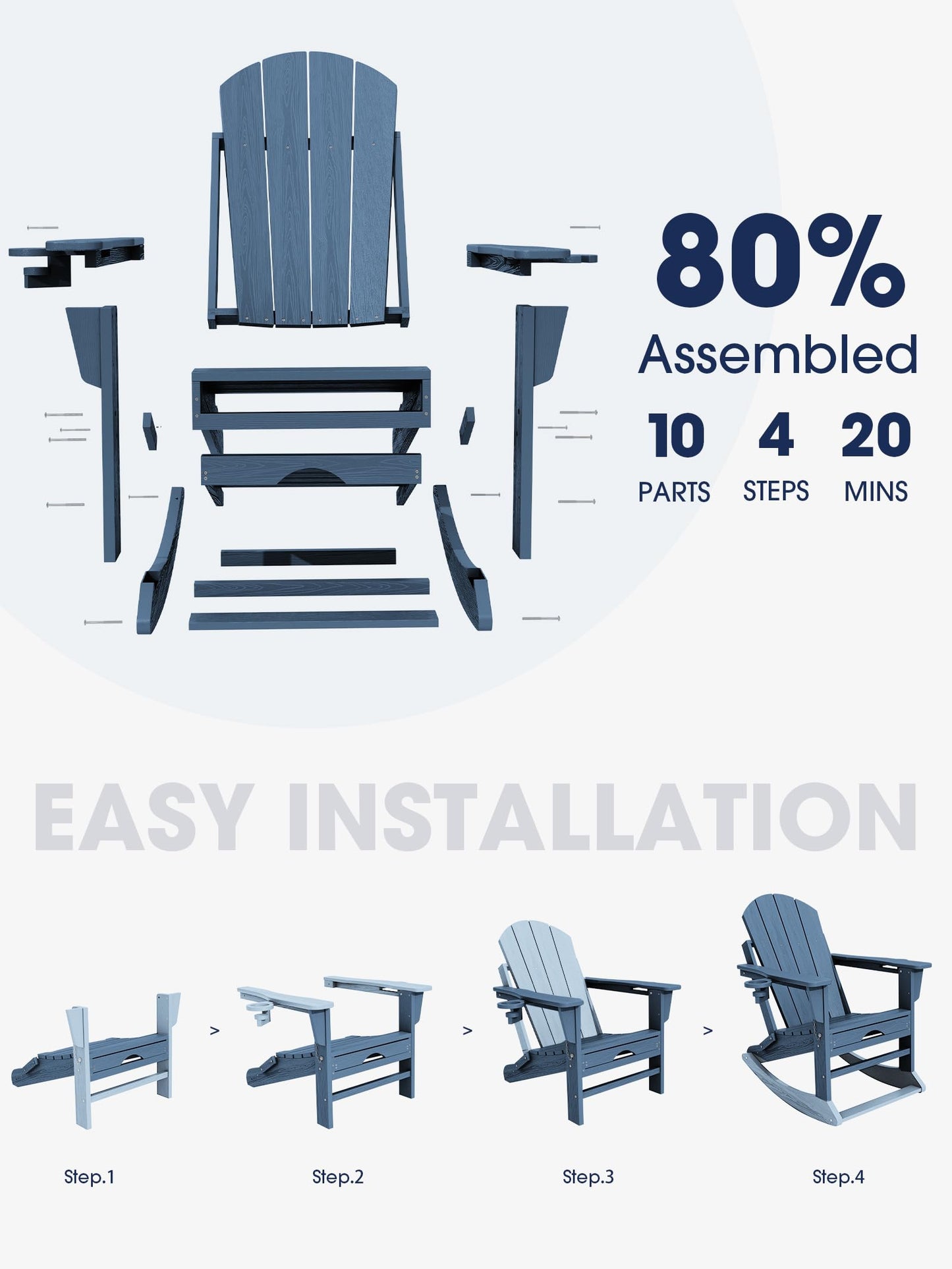 KINGYES Adirondack Rocking Chair Set of 2 with Retractable Ottoman and Cup Holders, HDPE Adirondack Rocker Patio Rocking Chair for Porch, Patio, Balcony, Deep Blue