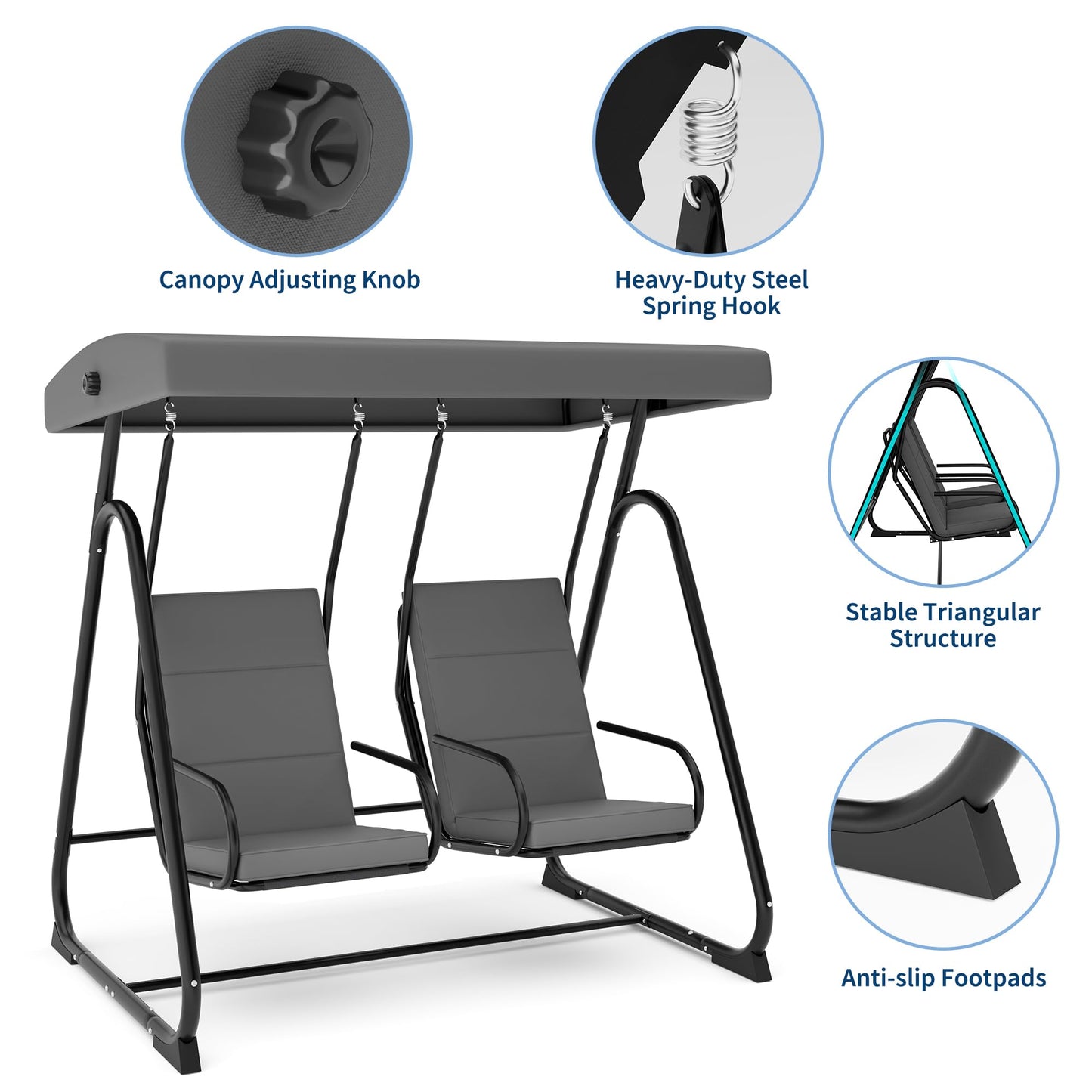 GarveeLife 2 Person Porch Swing Chair, Heavy Duty Outdoor Patio Swing Glider with Adjustable Canopy & Removable Cushions, Independent Swing Chairs for Garden, Balcony, Poolside, Backyard, Dark Grey